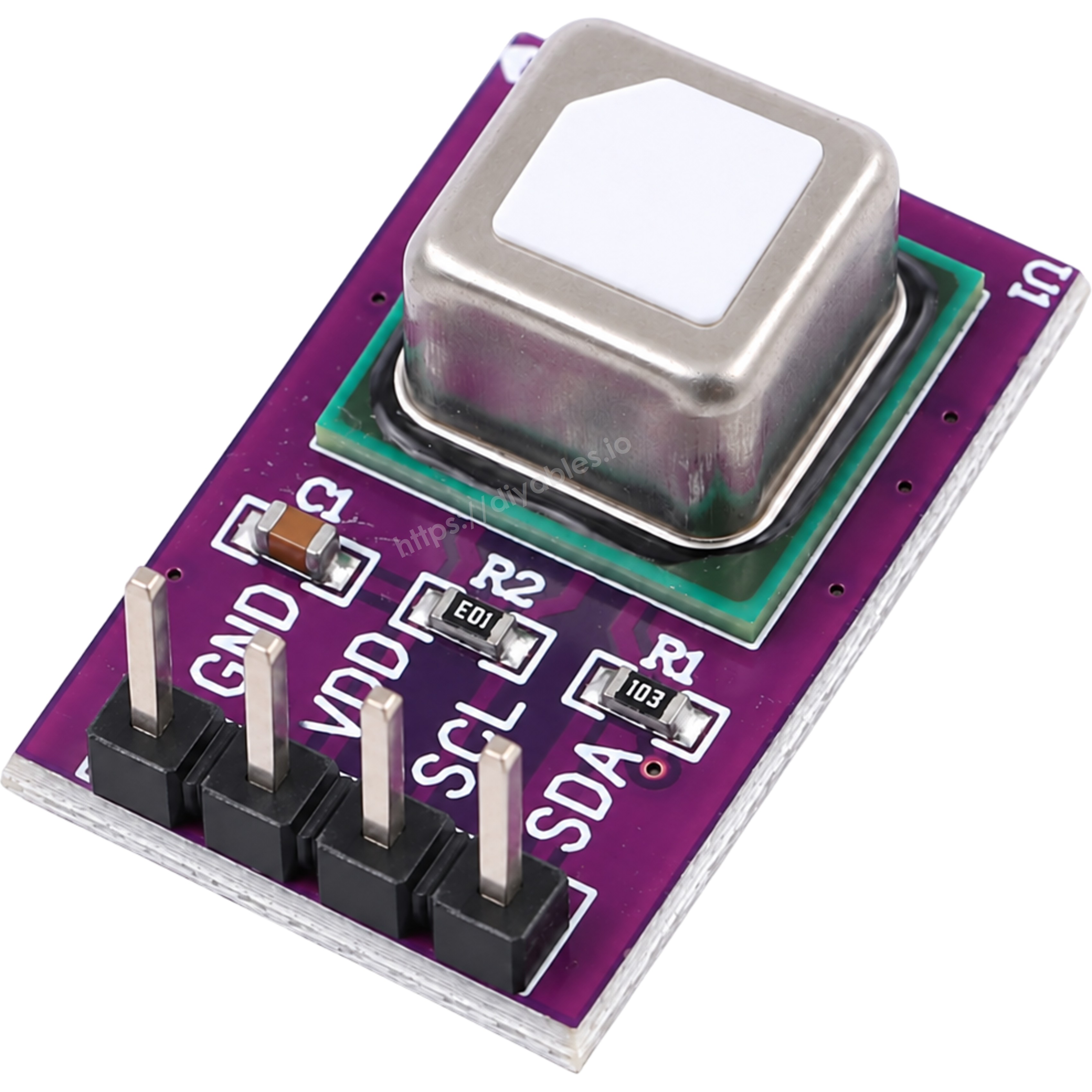 SCD40 sensor module close view of silkscreen labels GND VDD SCL and SDA