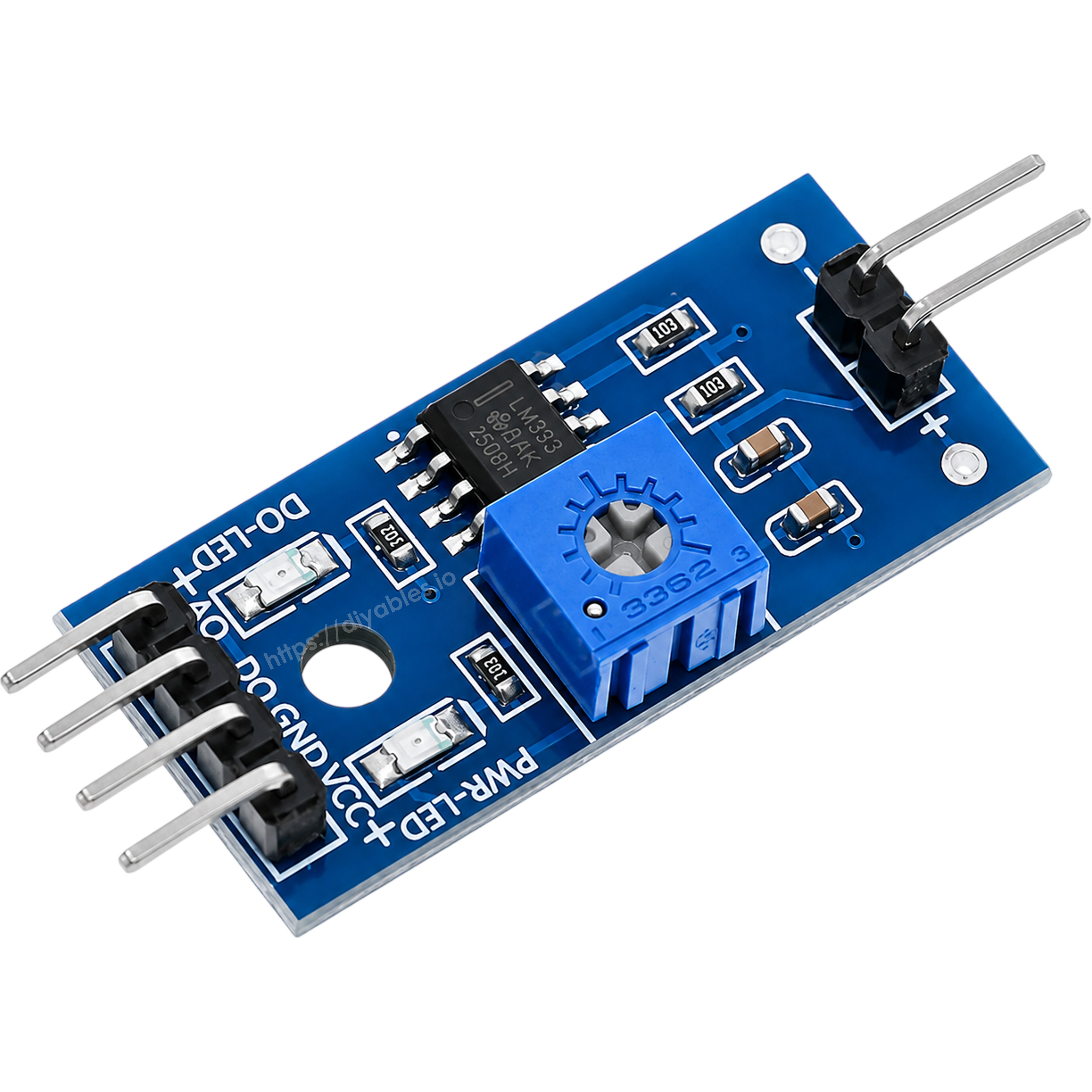 LM393 comparator module angled view with blue adjustable potentiometer and four pin output header