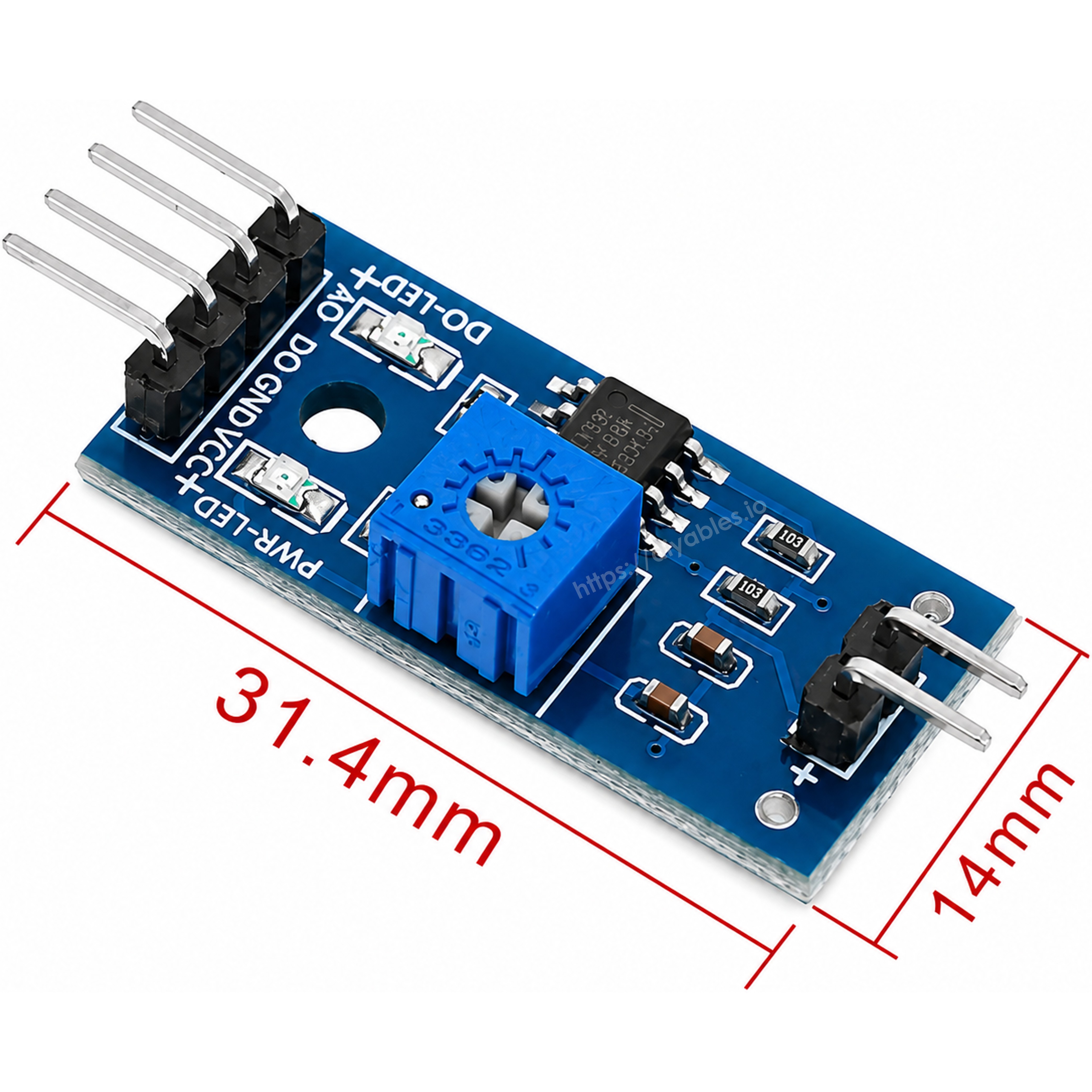 LM393 comparator module dimensions of 31.4mm by 14mm with mounting hole and potentiometer