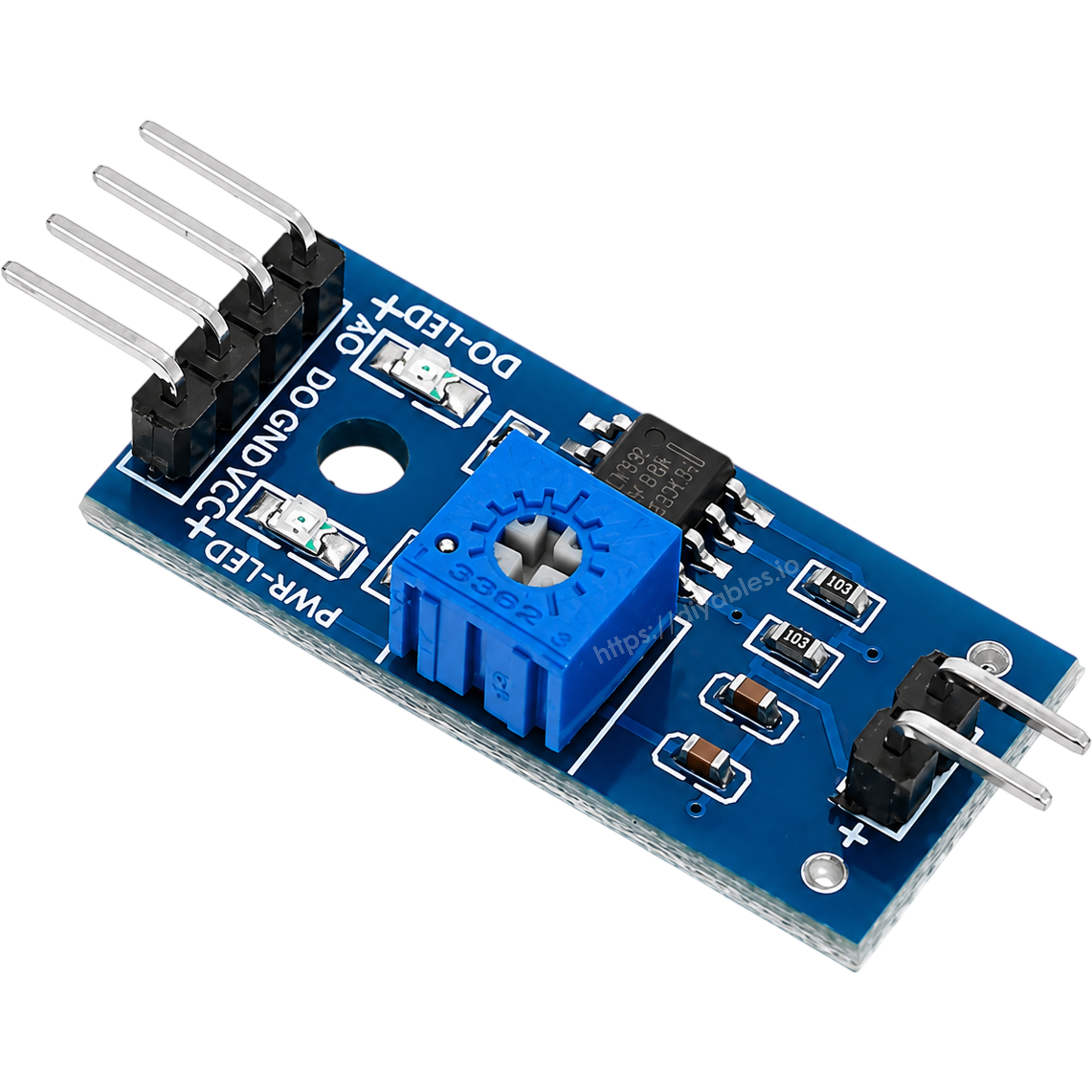LM393 comparator module top view with AO DO GND VCC header and sensor terminals