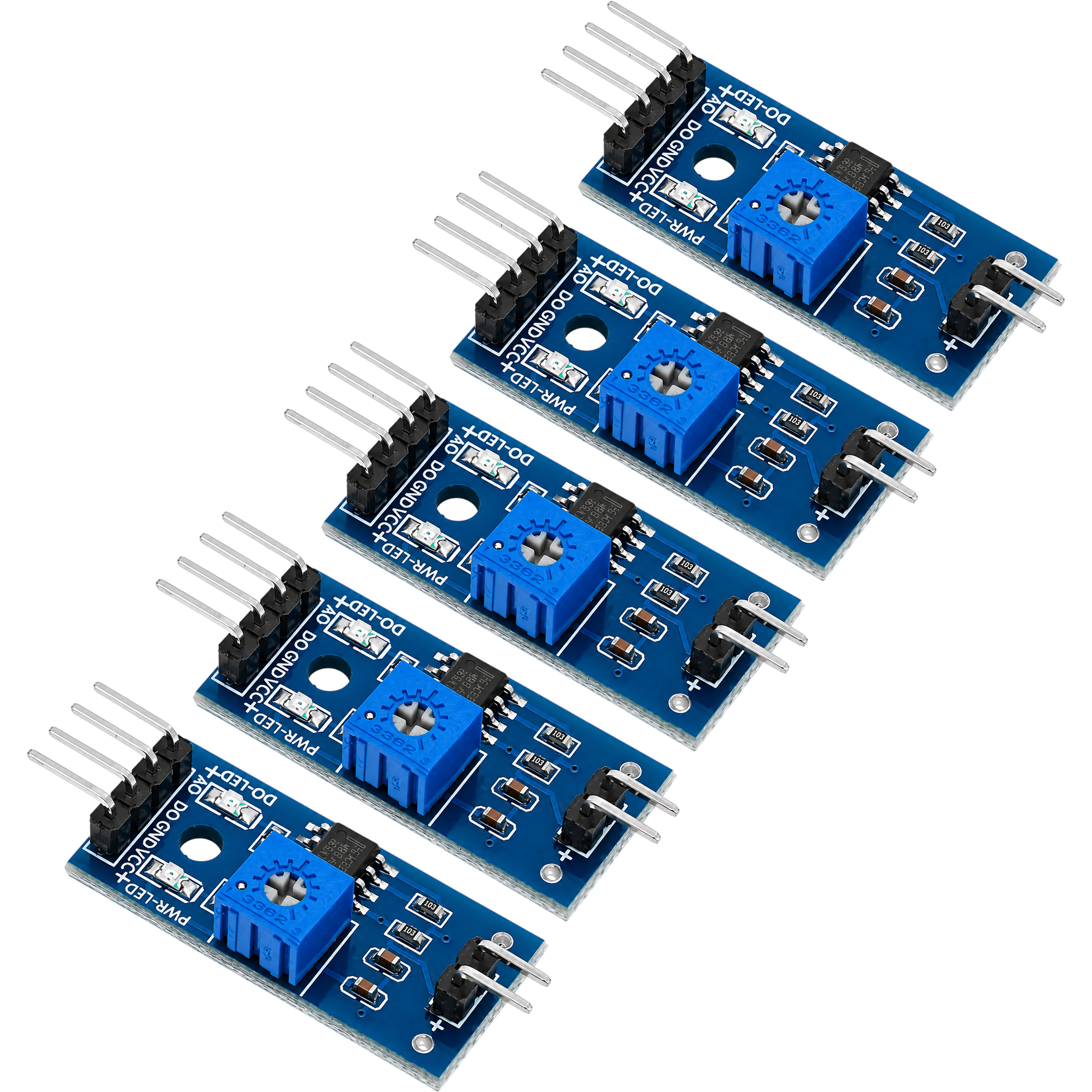 Five LM393 comparator modules included in the 5 pack with presoldered headers