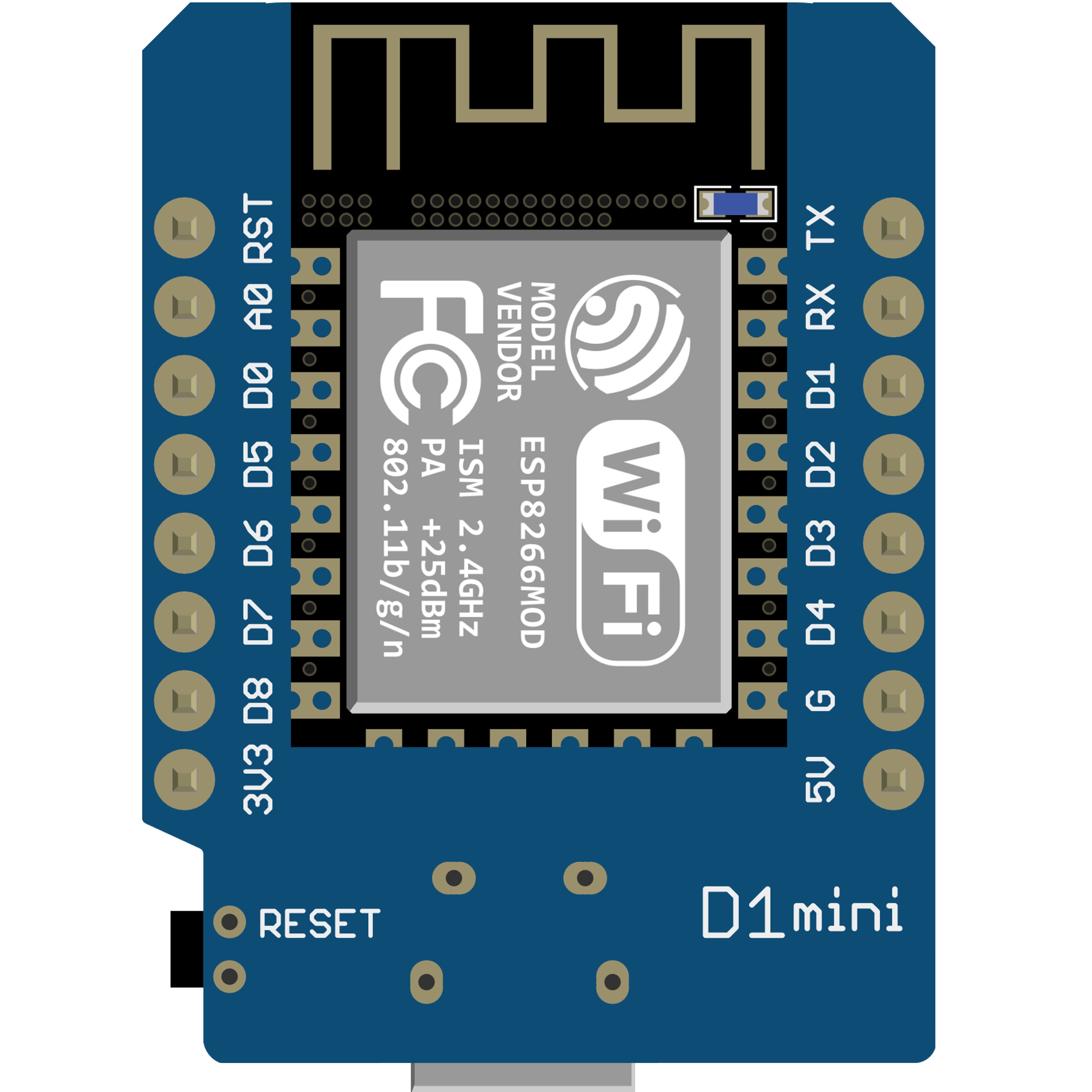 D1 Mini NodeMCU board PCB layout and pin labels for Arduino IDE IoT development