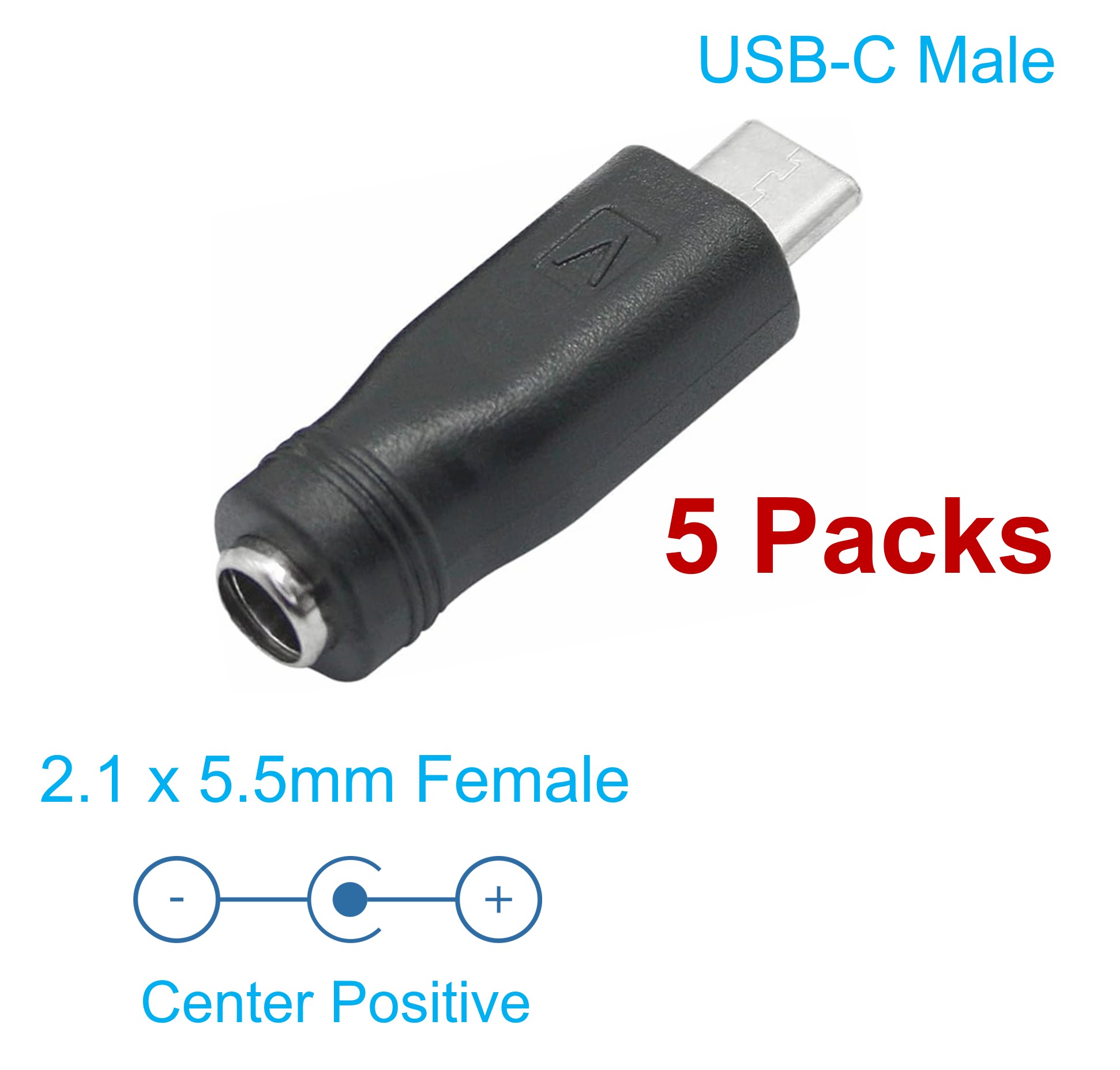 Diagram labeling the 2.1 x 5.5mm female input, USB-C male output and centre positive polarity