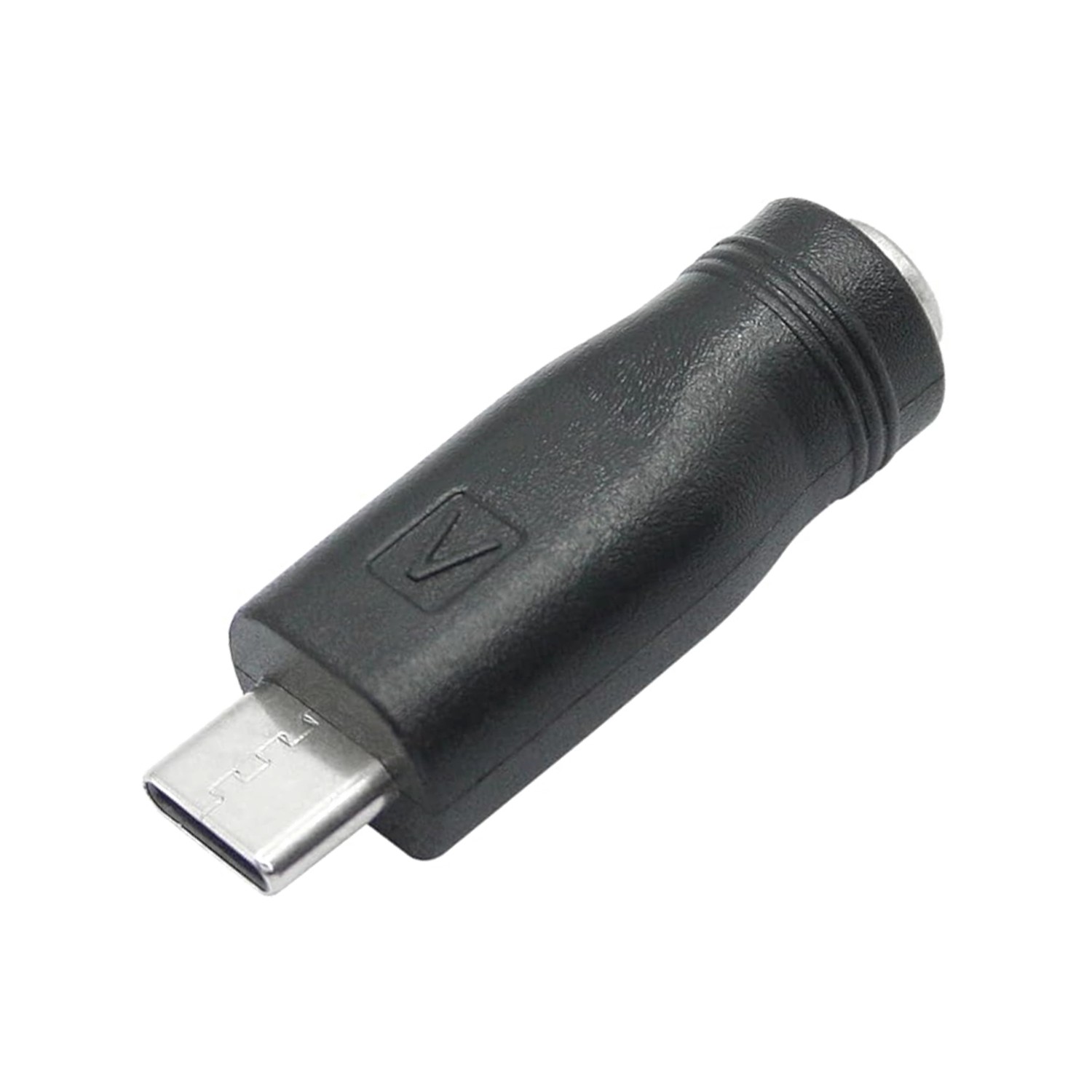 USB-C adapter shown from the opposite side with the barrel socket facing forward