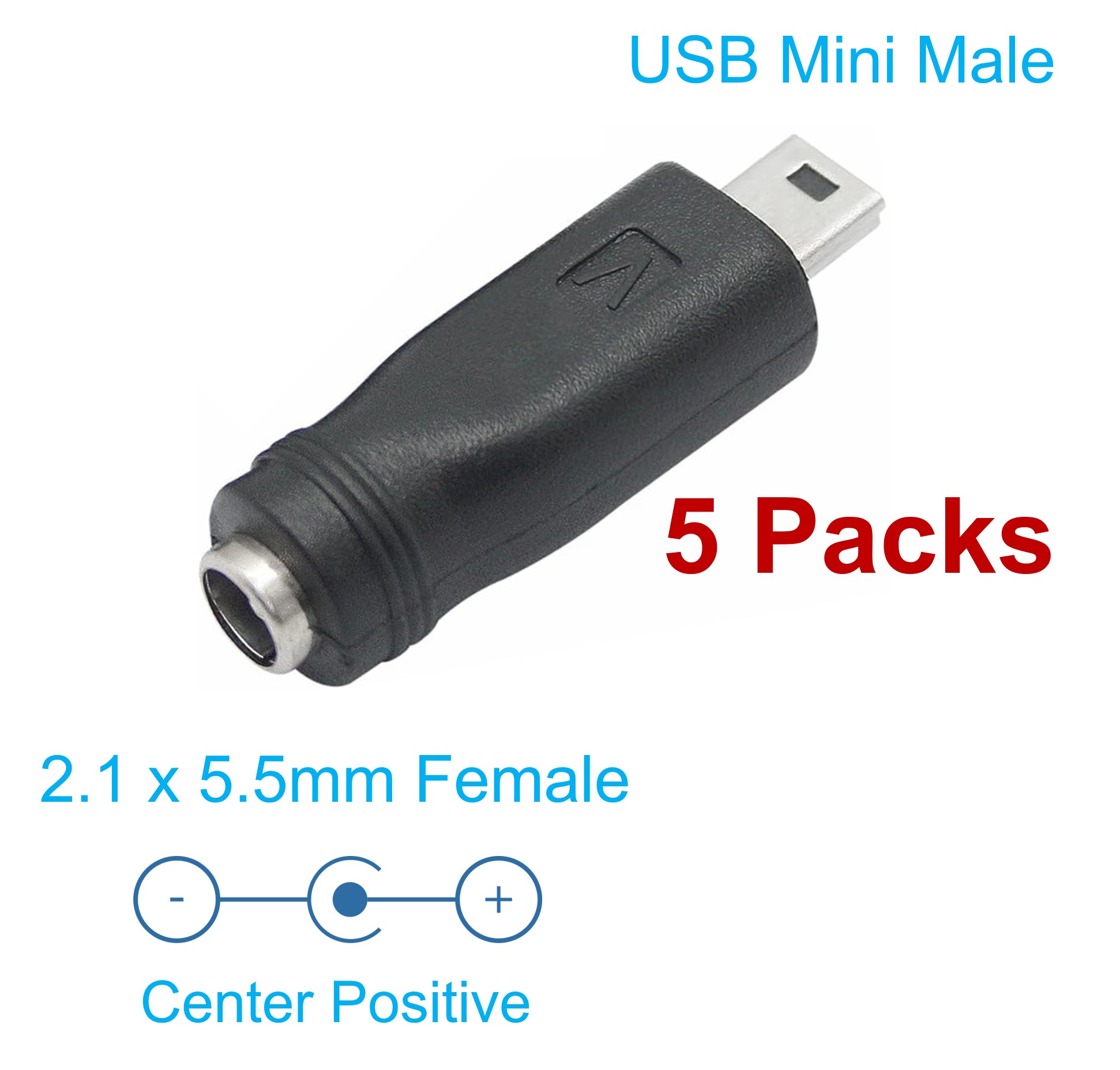 Diagram labeling the 2.1 x 5.5mm female input, Mini USB male output and centre positive polarity