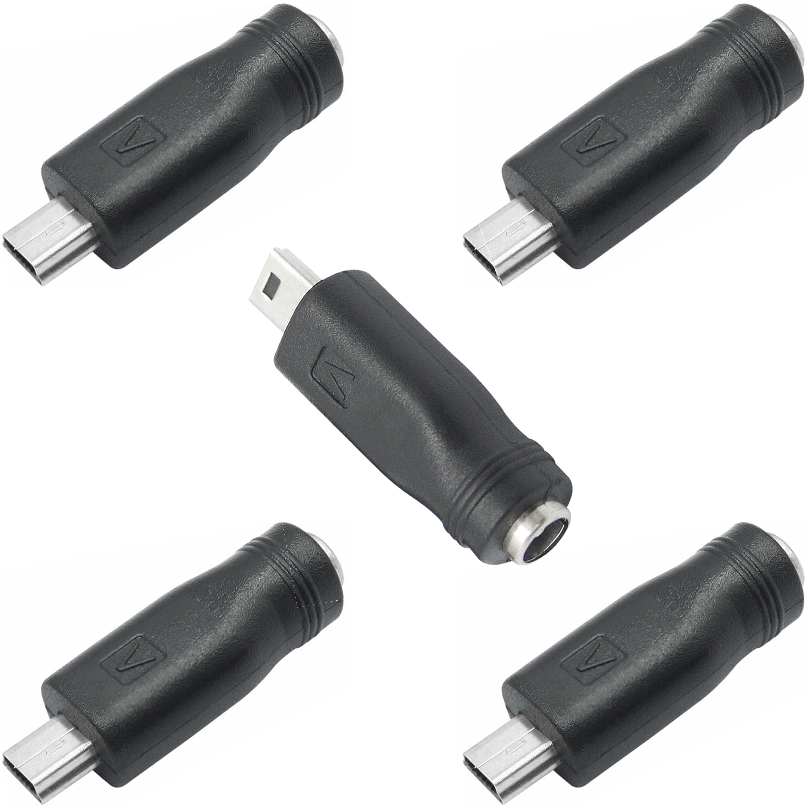 Five DC barrel jack to Mini USB adapters included in the 5 pack