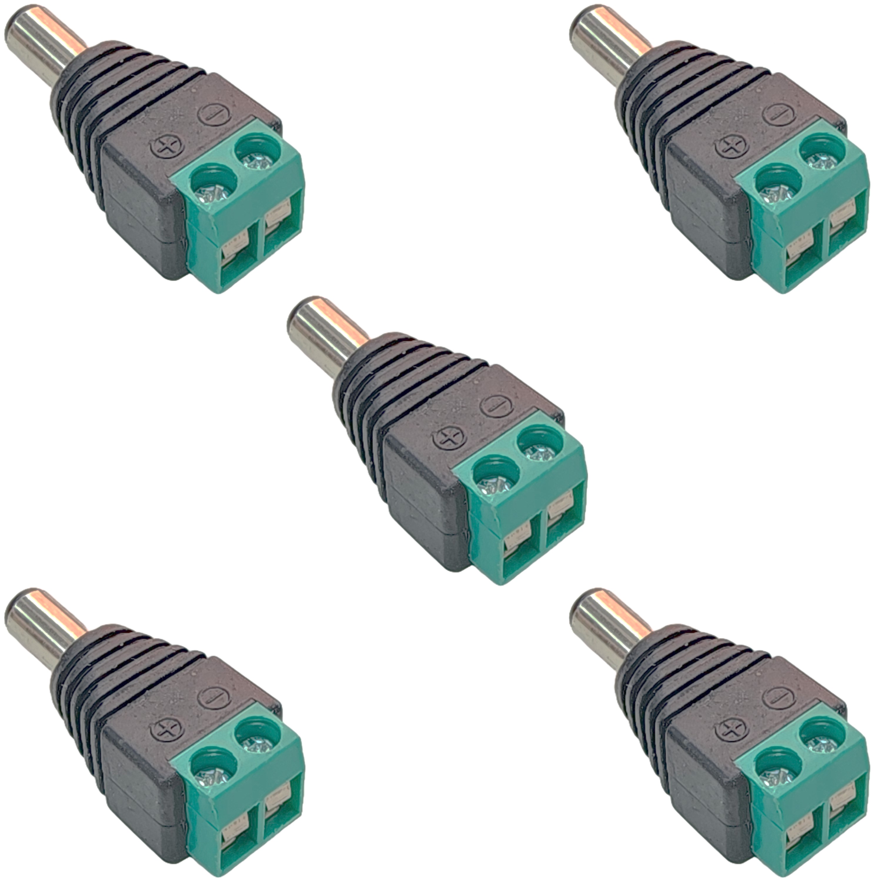 Five 2.1 x 5.5mm DC male plug to screw terminal adapters with plus and minus markings