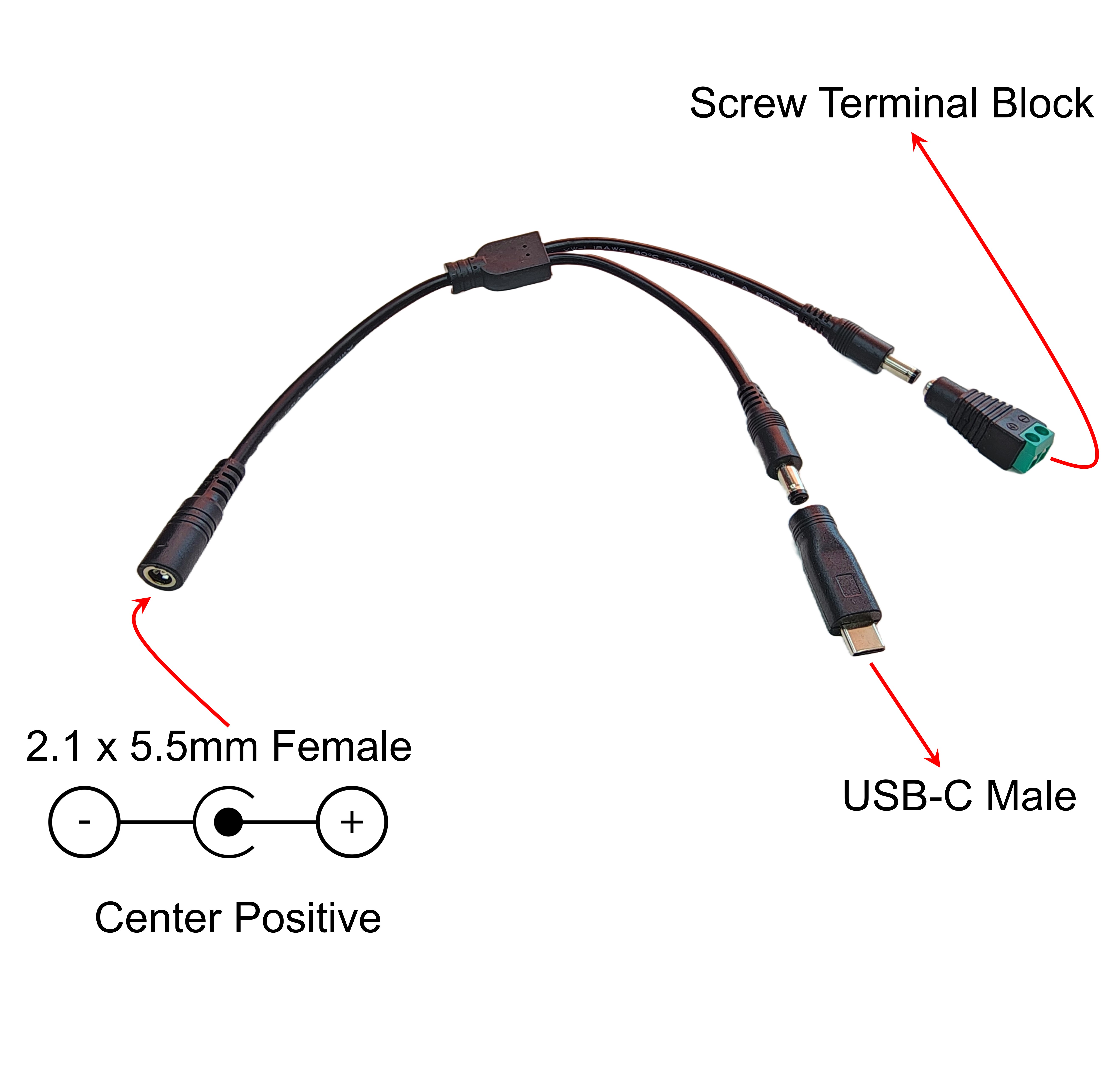 Power Splitter, 2.1 x 5.5mm Female Input to USB Type-C and Terminal Block Output