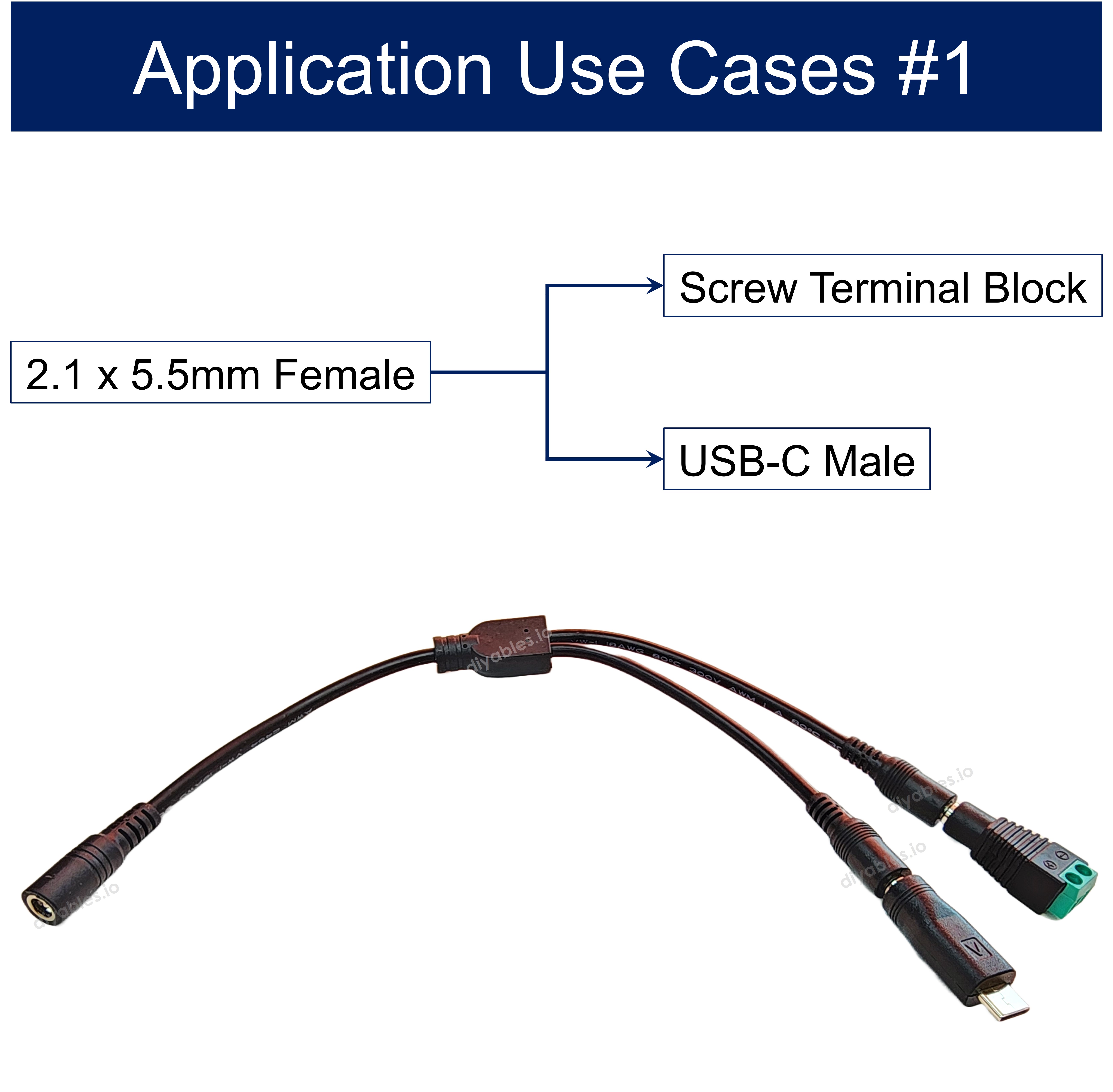 Power Splitter, 2.1 x 5.5mm Female Input to USB Type-C and Terminal Block Output