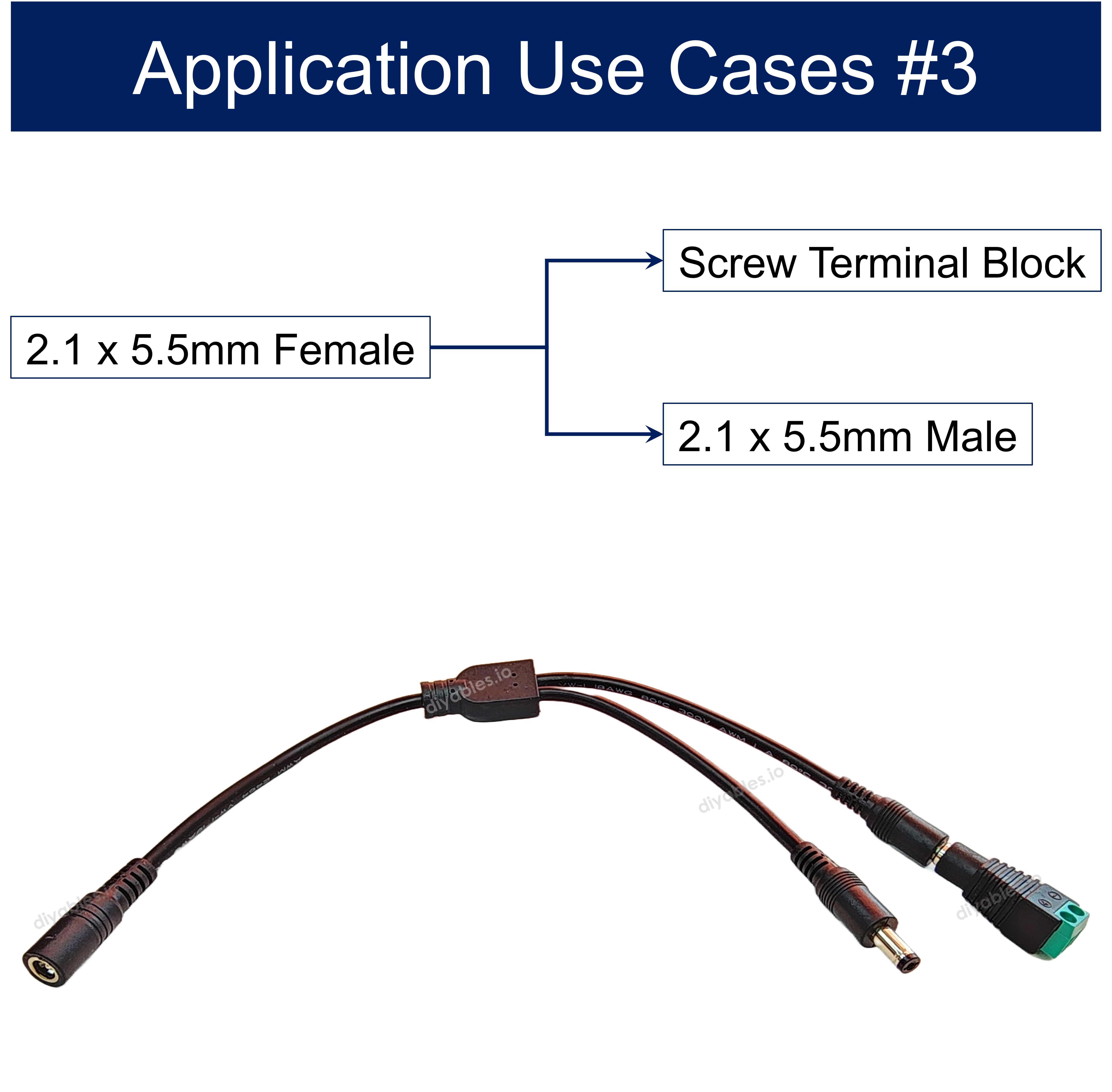 Power Splitter, 2.1 x 5.5mm Female Input to USB Type-C and Terminal Block Output