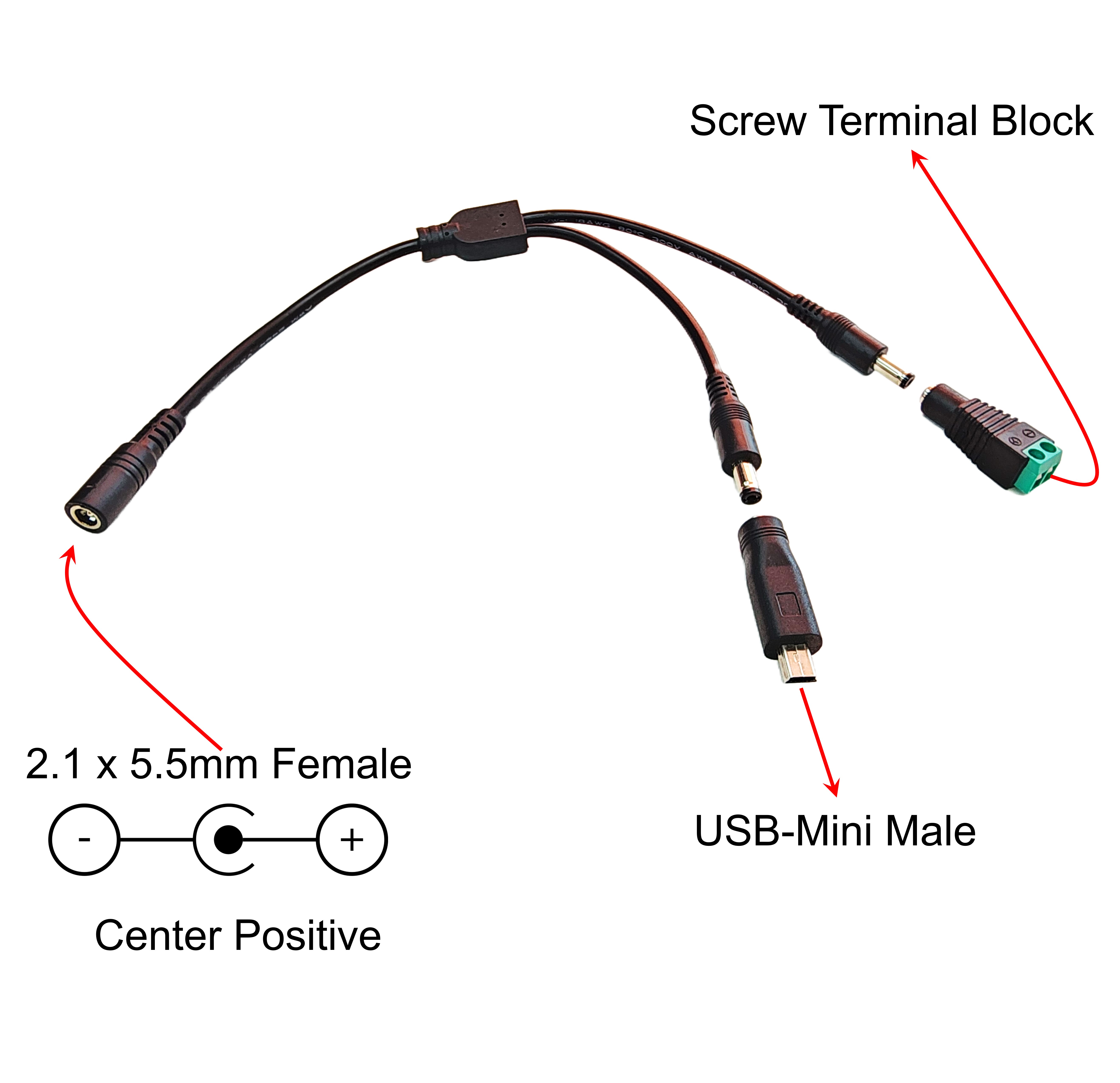 Power Splitter, 2.1 x 5.5mm Female Input to USB Mini and Terminal Block Output