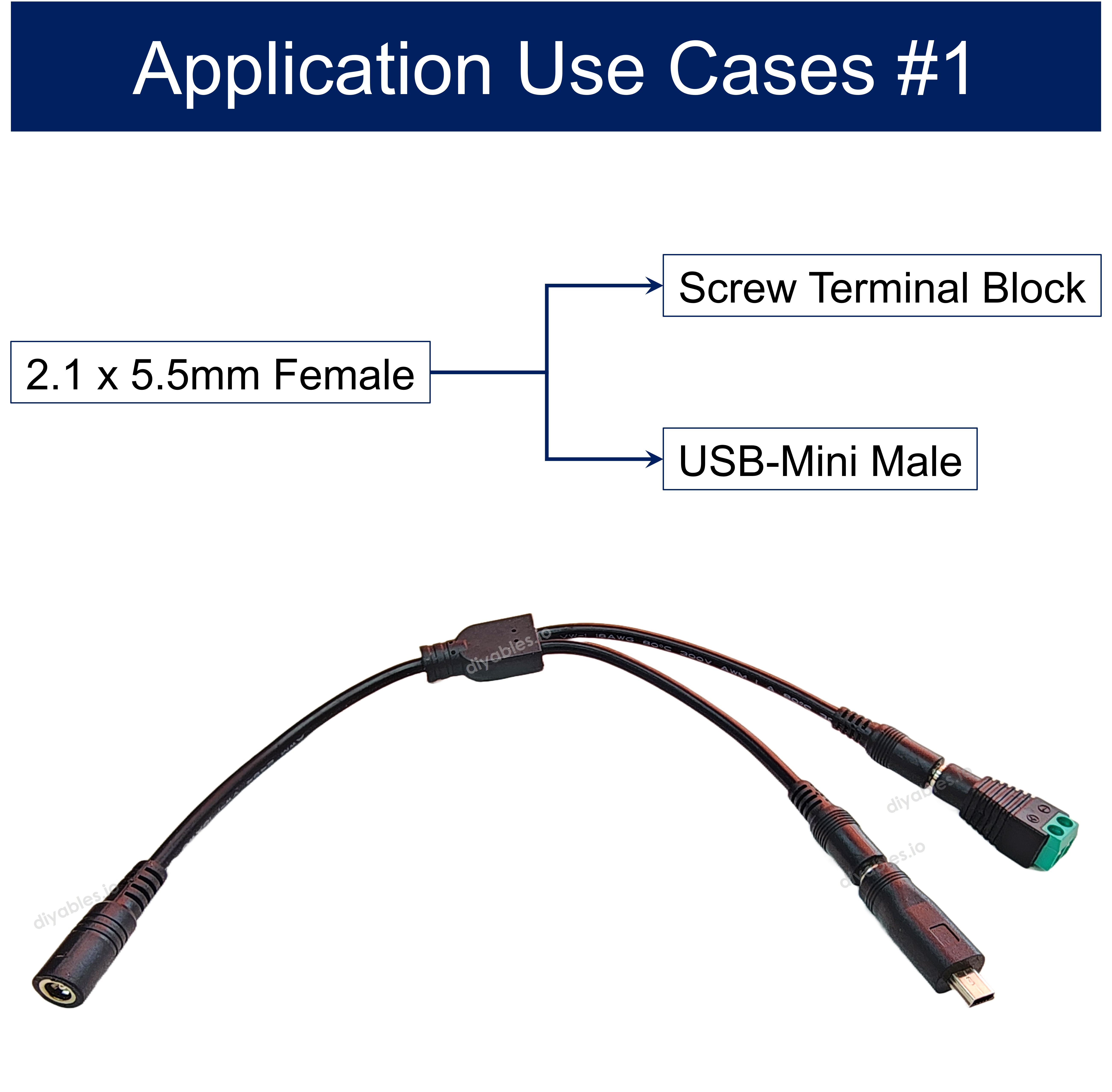 Power Splitter, 2.1 x 5.5mm Female Input to USB Mini and Terminal Block Output