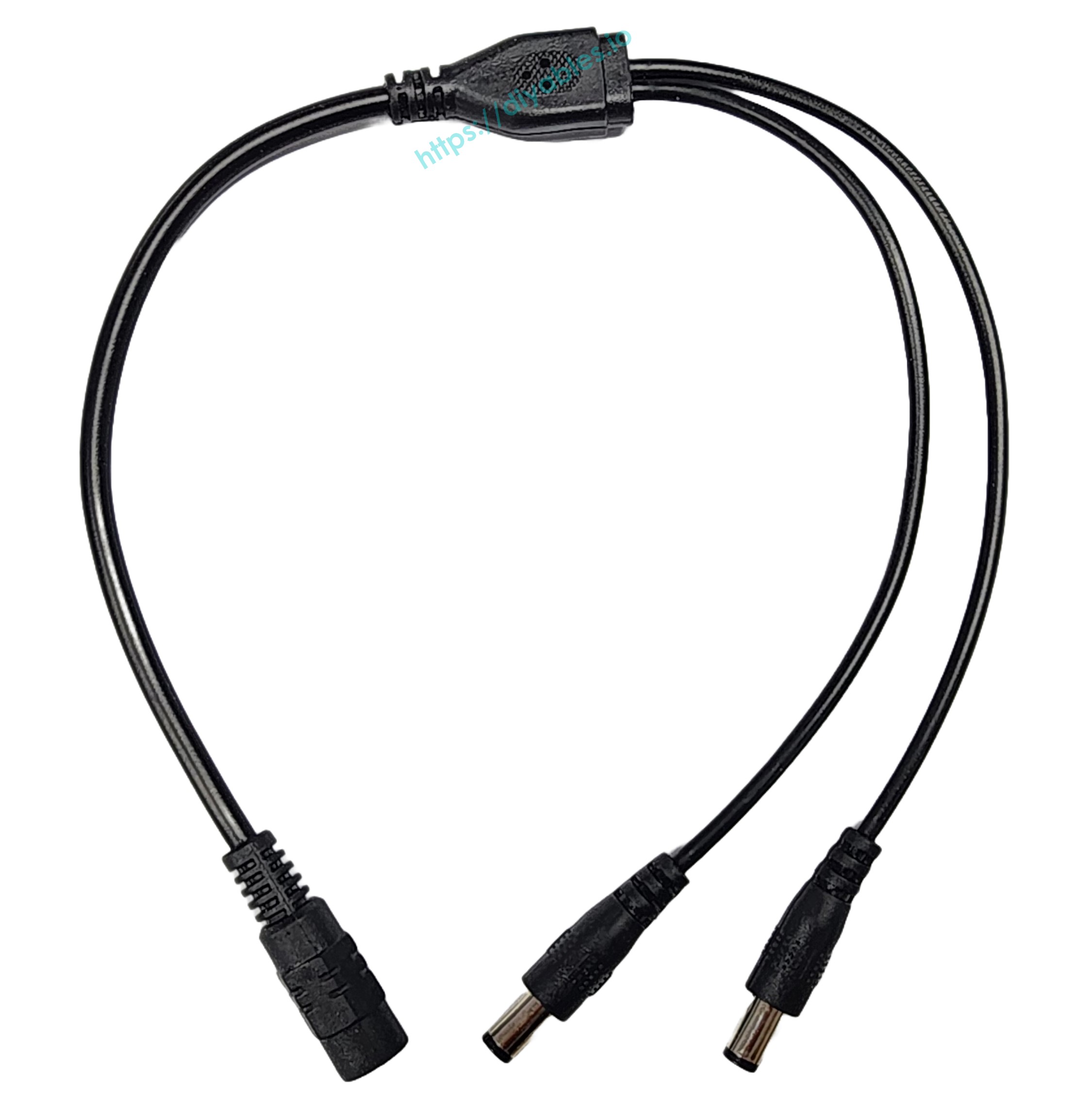 DC splitter cable showing the full length of the input lead and both branches