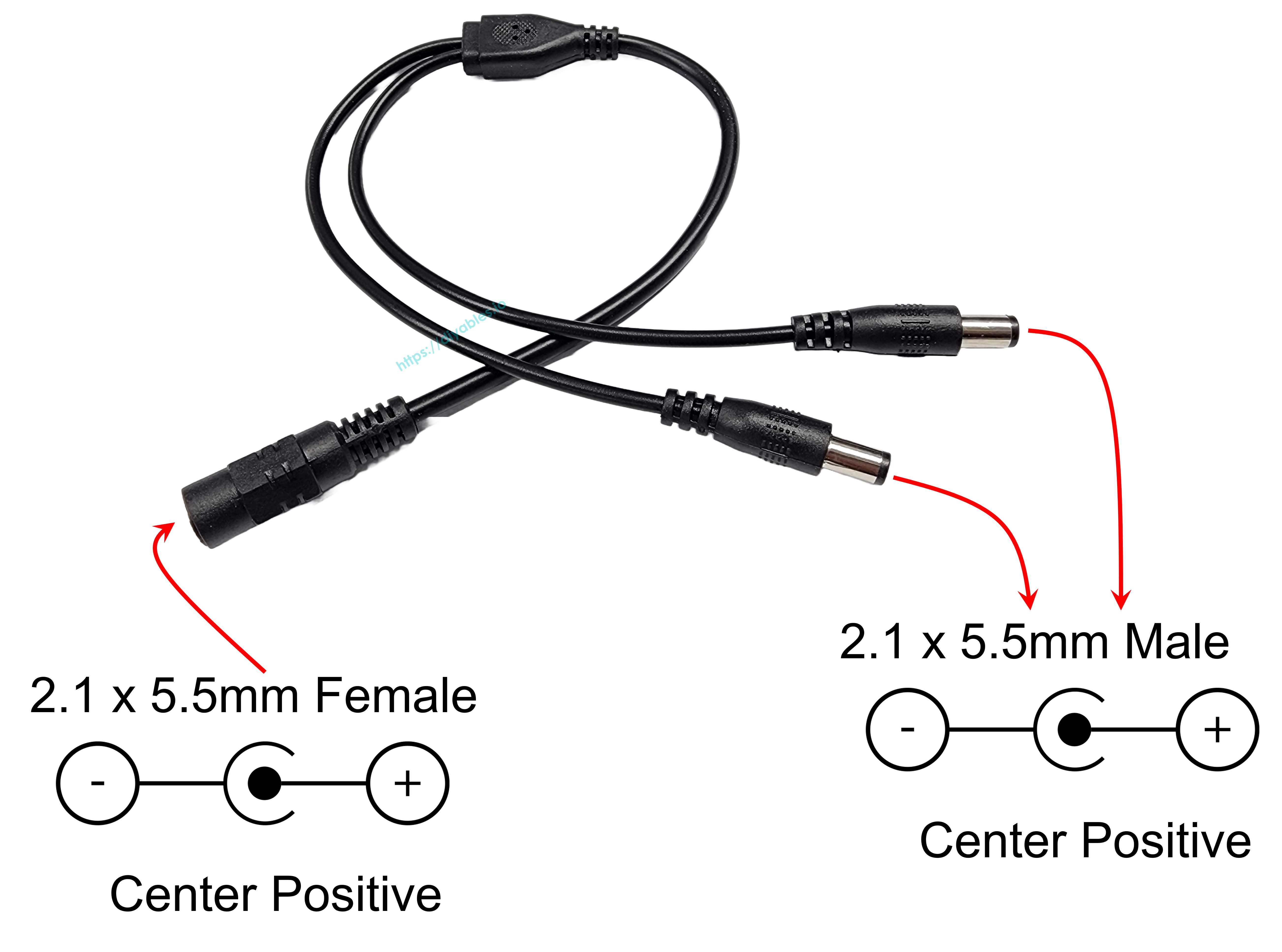 Diagram labeling the 2.1 x 5.5mm female input and male outputs as centre positive