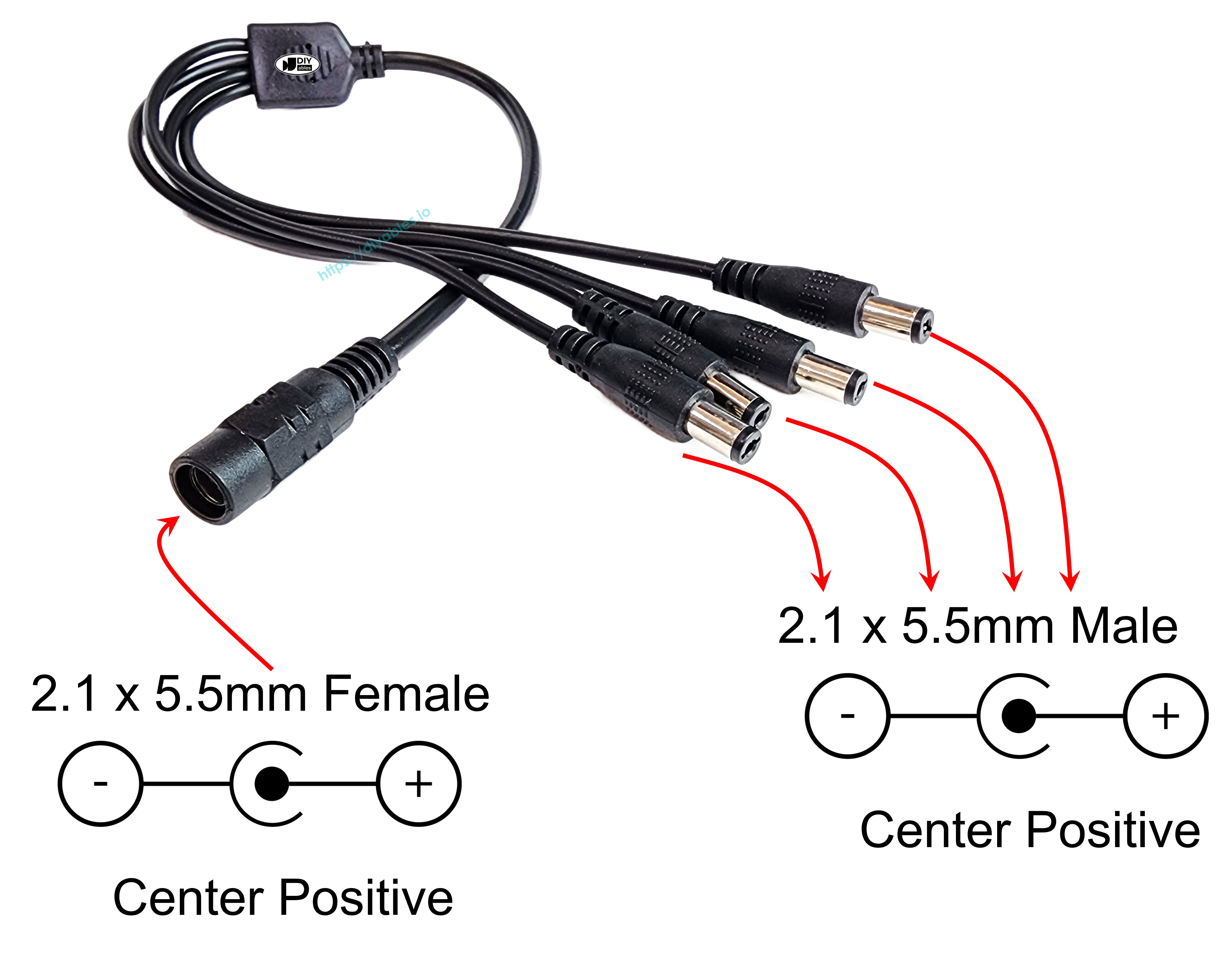 Diagram labeling the 2.1 x 5.5mm female input and all four male outputs as centre positive