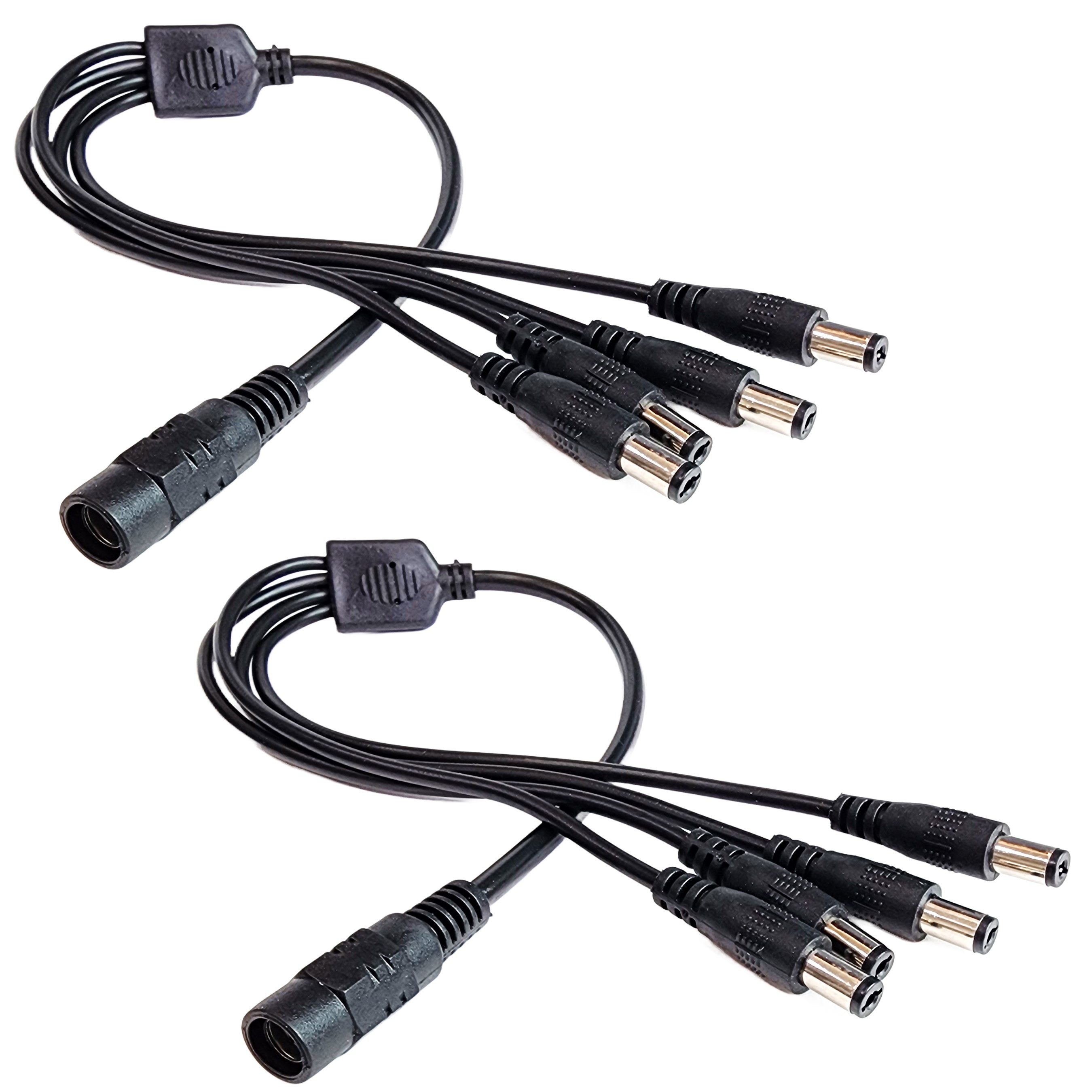 Two 1 to 4 DC power splitter cables included in the 2 pack
