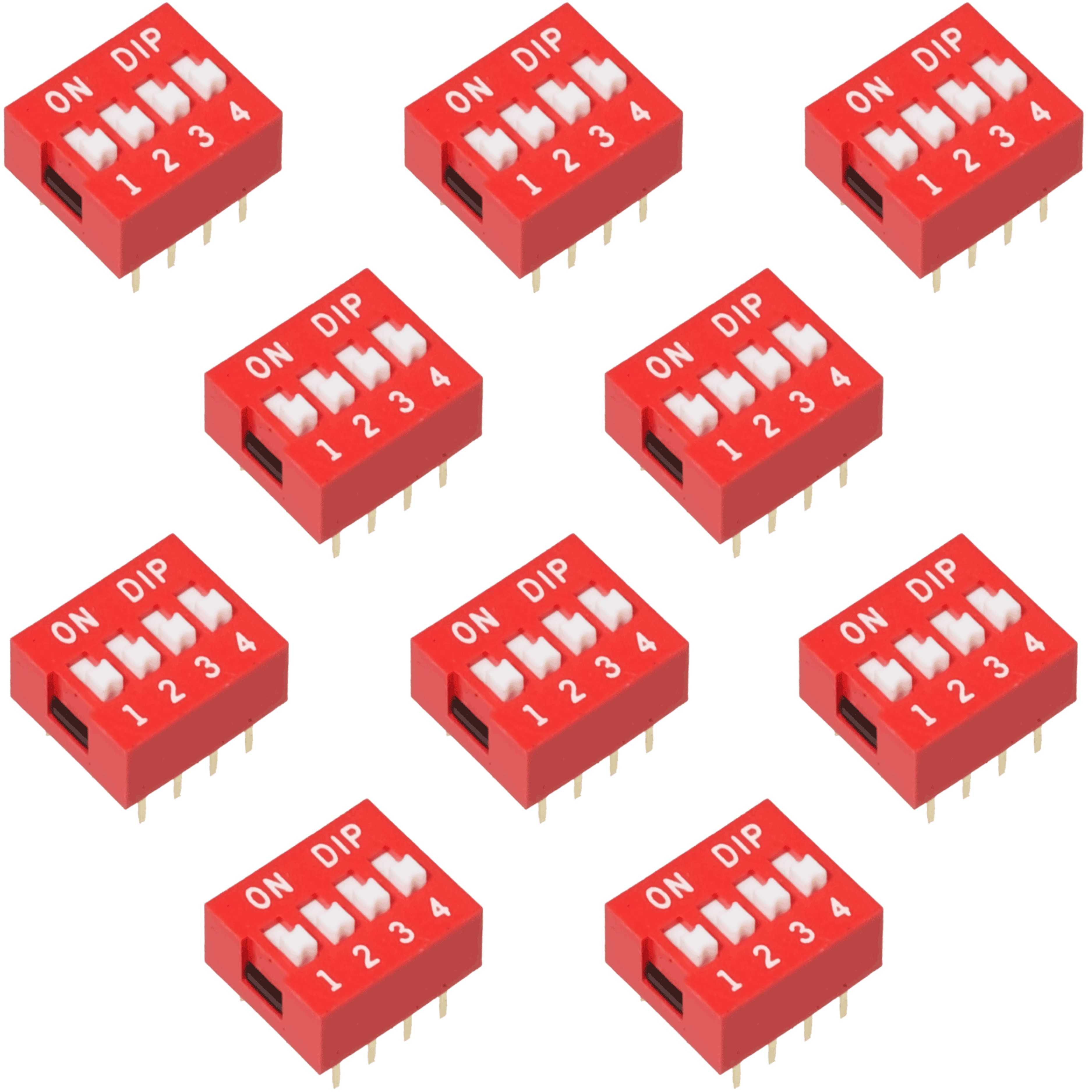 Ten red 4 position DIP switches included in the 10 pack