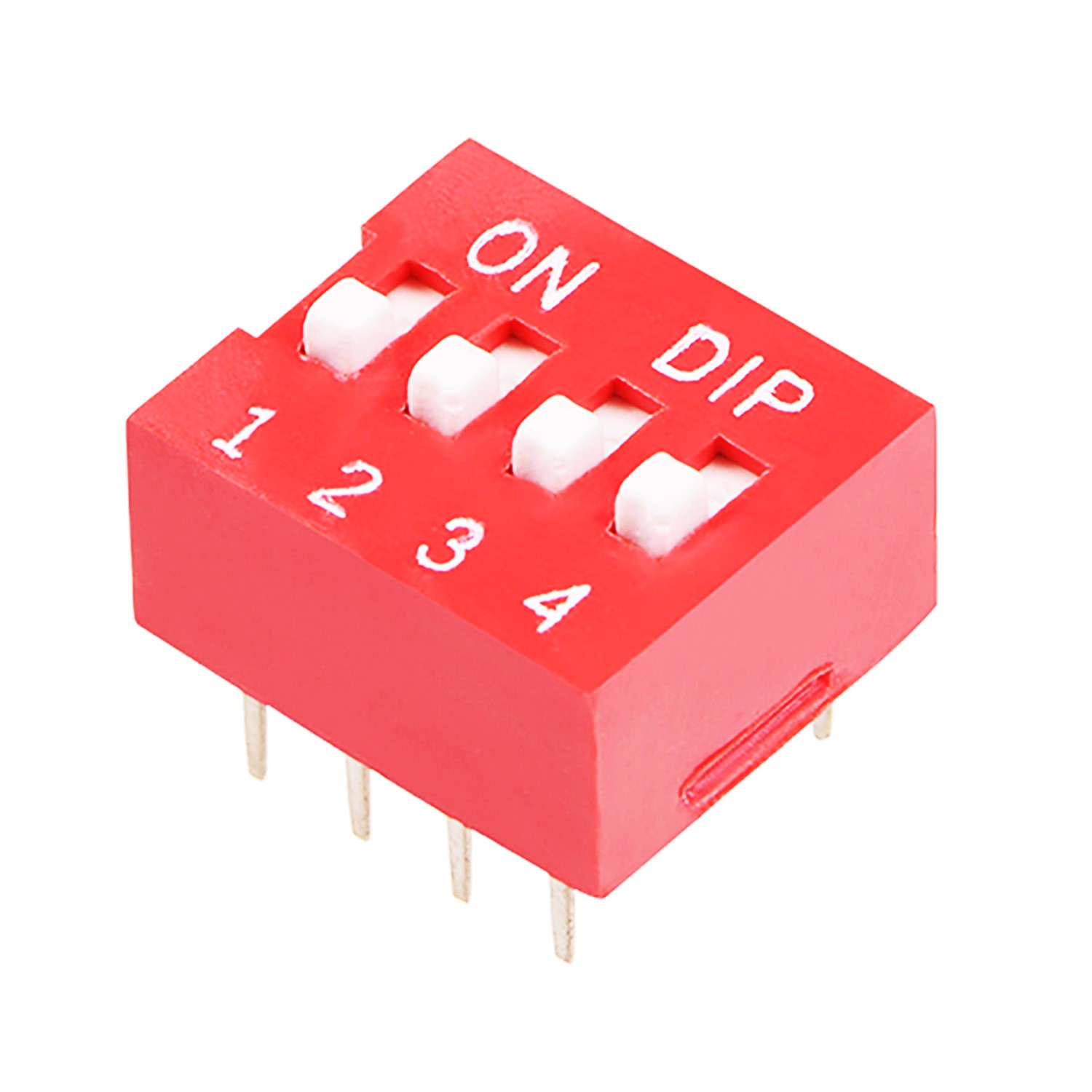 Angled view of the 4 way DIP switch with white actuators and through-hole pins