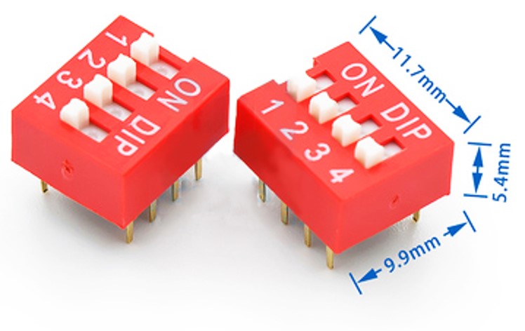 Two DIP switches with dimensions marked 11.7mm by 9.9mm by 5.4mm