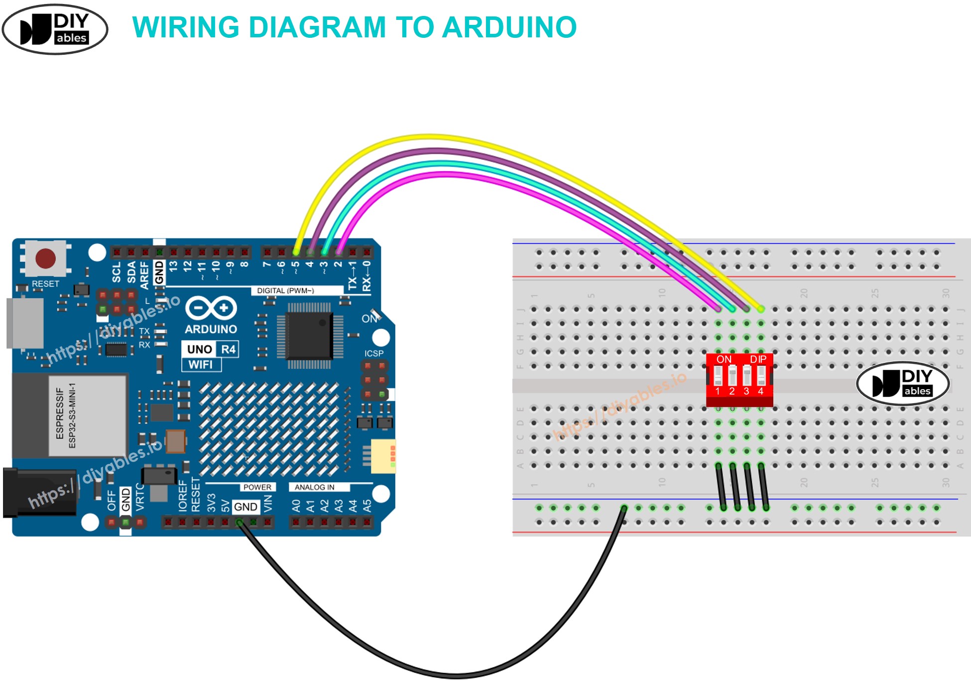 DIP switch wired on a breadboard to an Arduino board with four signal lines and ground