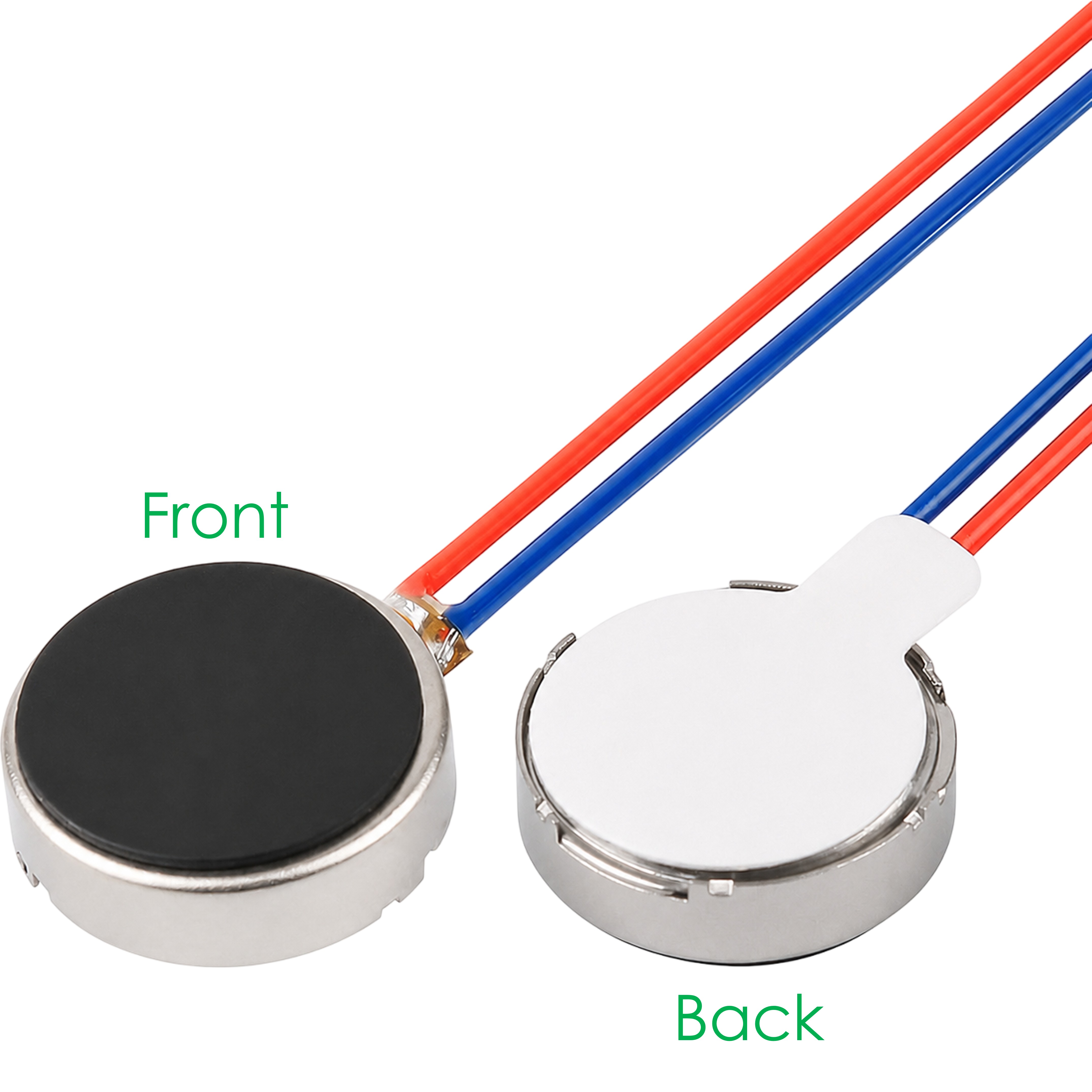 1030 coin vibration motor front and back view showing black disc top and metal case with red and blue lead wires