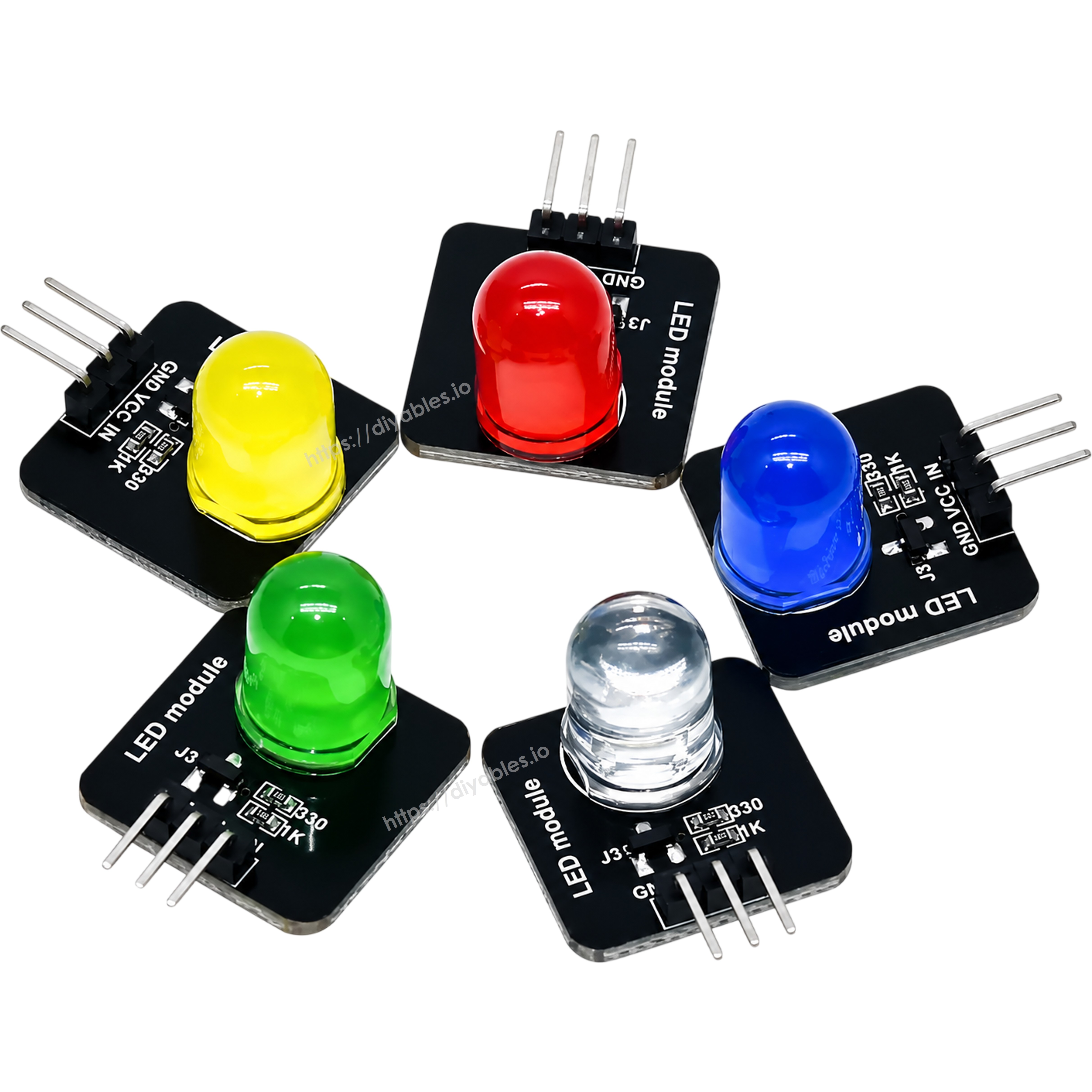 Five DIYables 10mm LED modules in red, yellow, blue, green and white with header pins