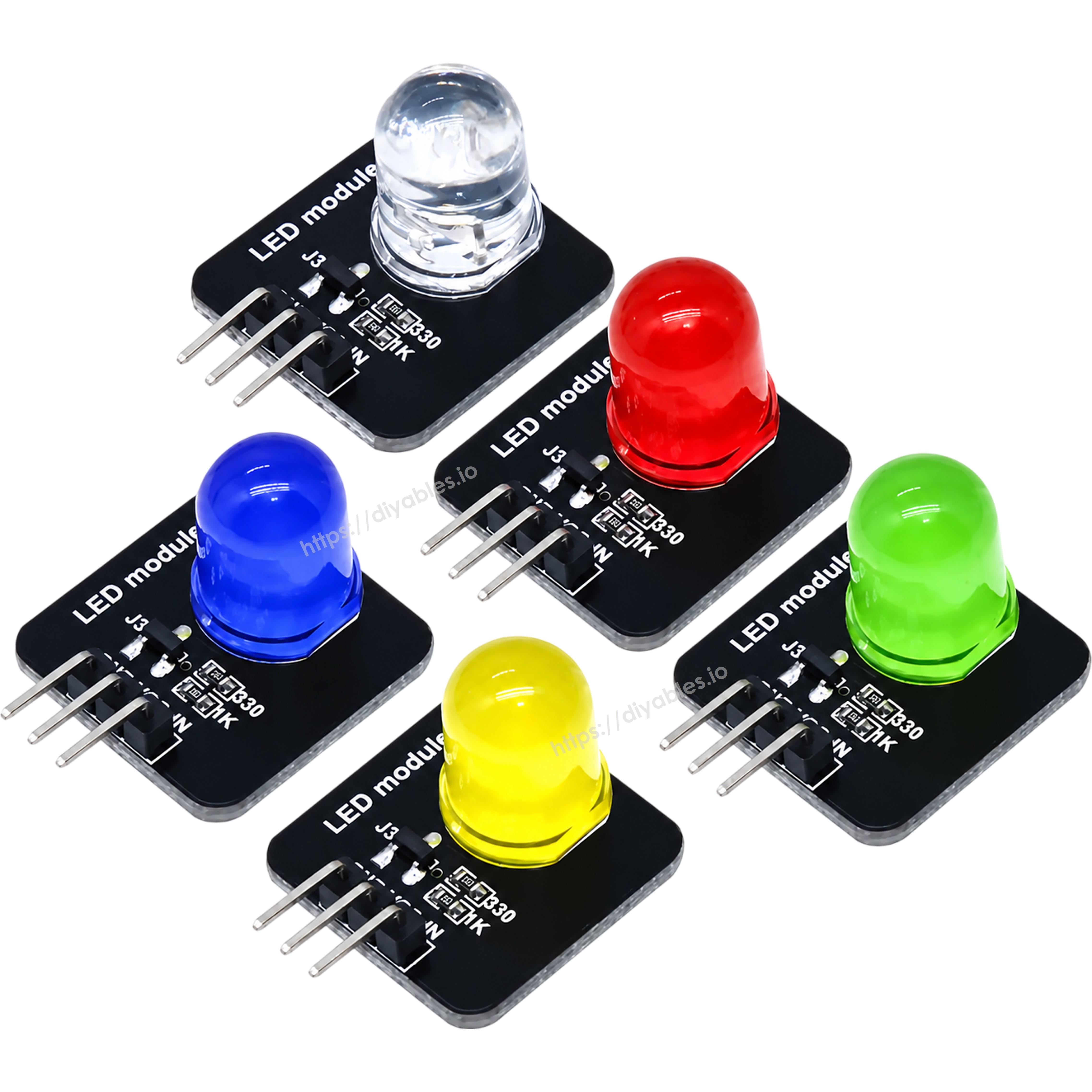 10mm LED modules angled showing the 3 pin GND VCC IN header on each board