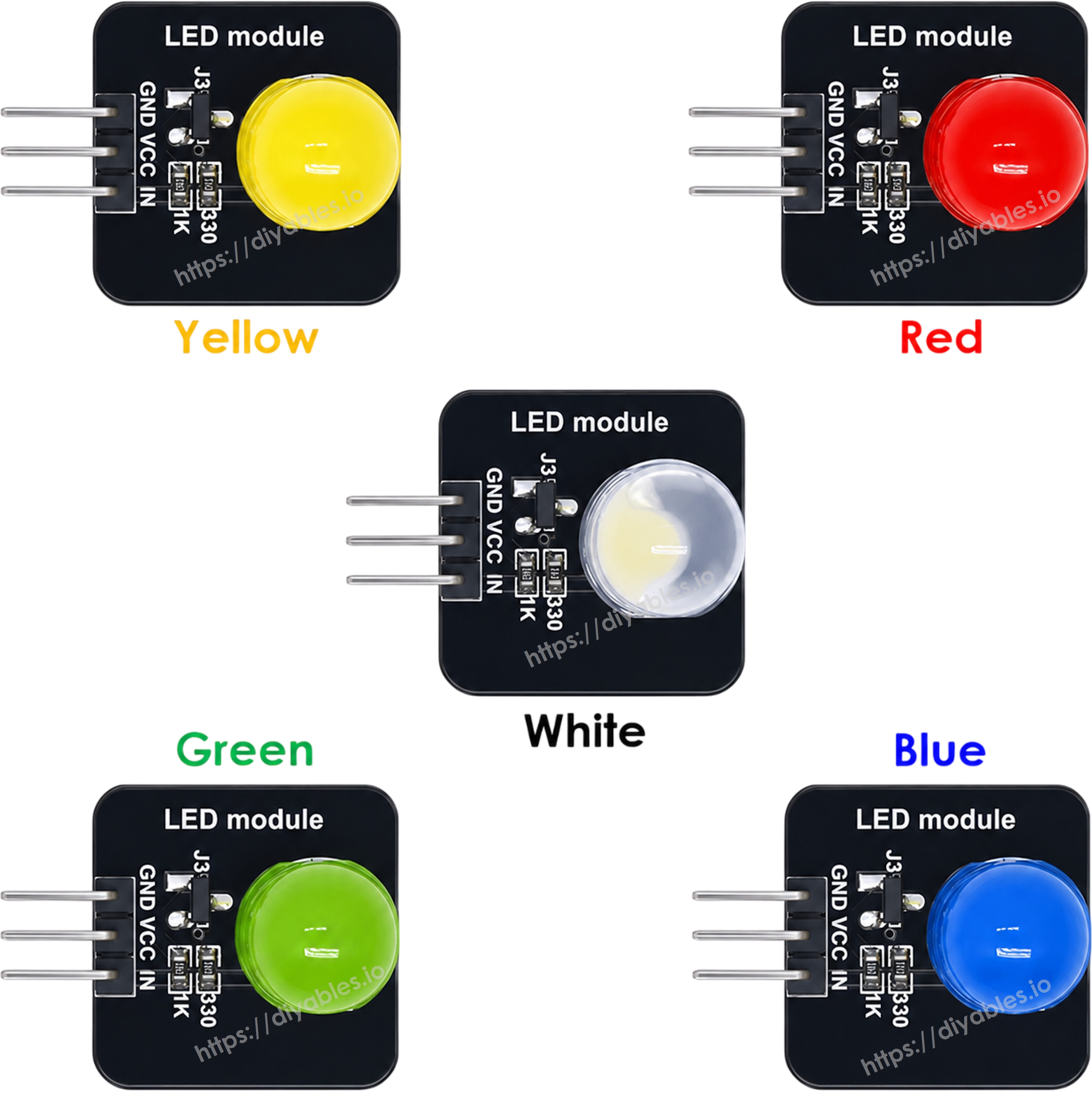 Top view of all five LED module colors labeled yellow, red, white, green and blue