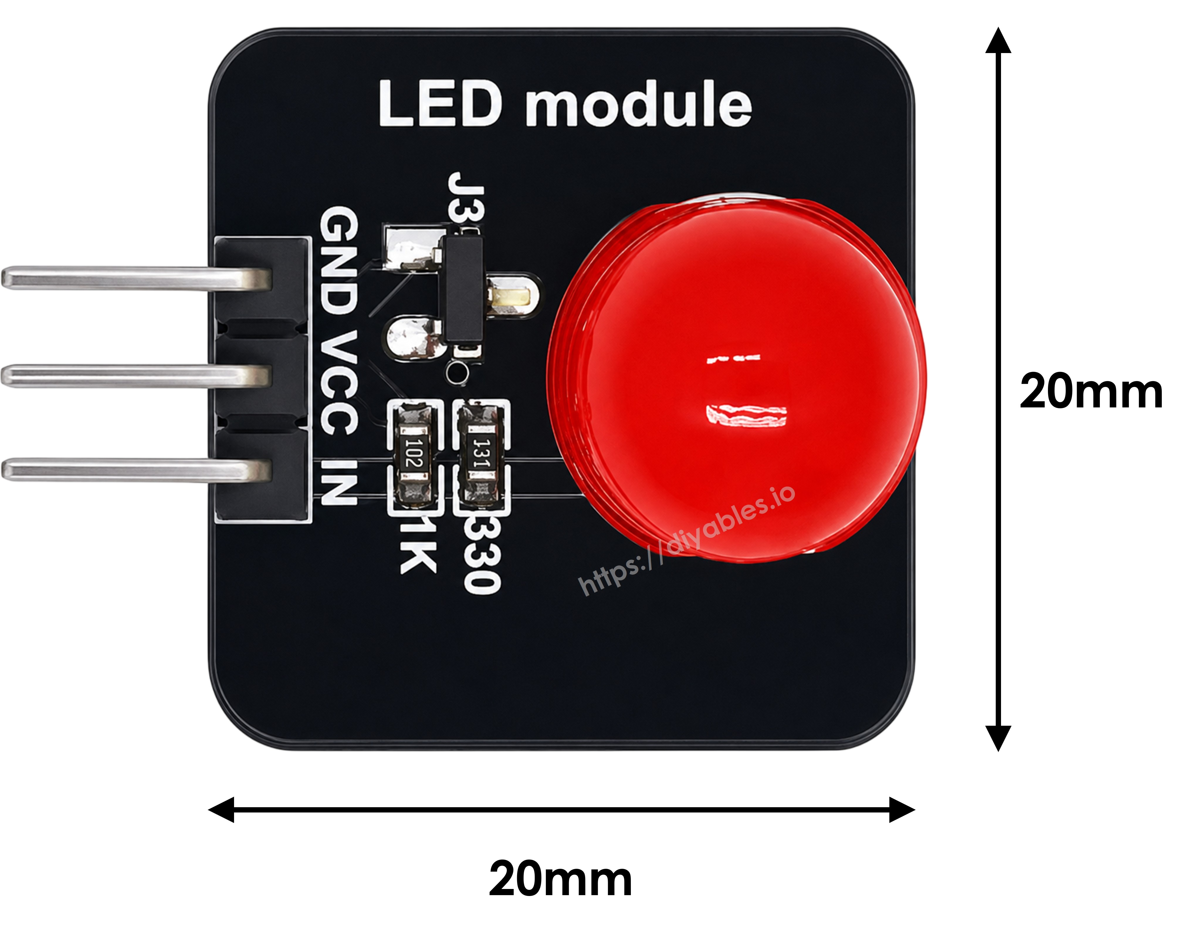 Single red 10mm LED module with 20mm by 20mm board dimensions and onboard resistors