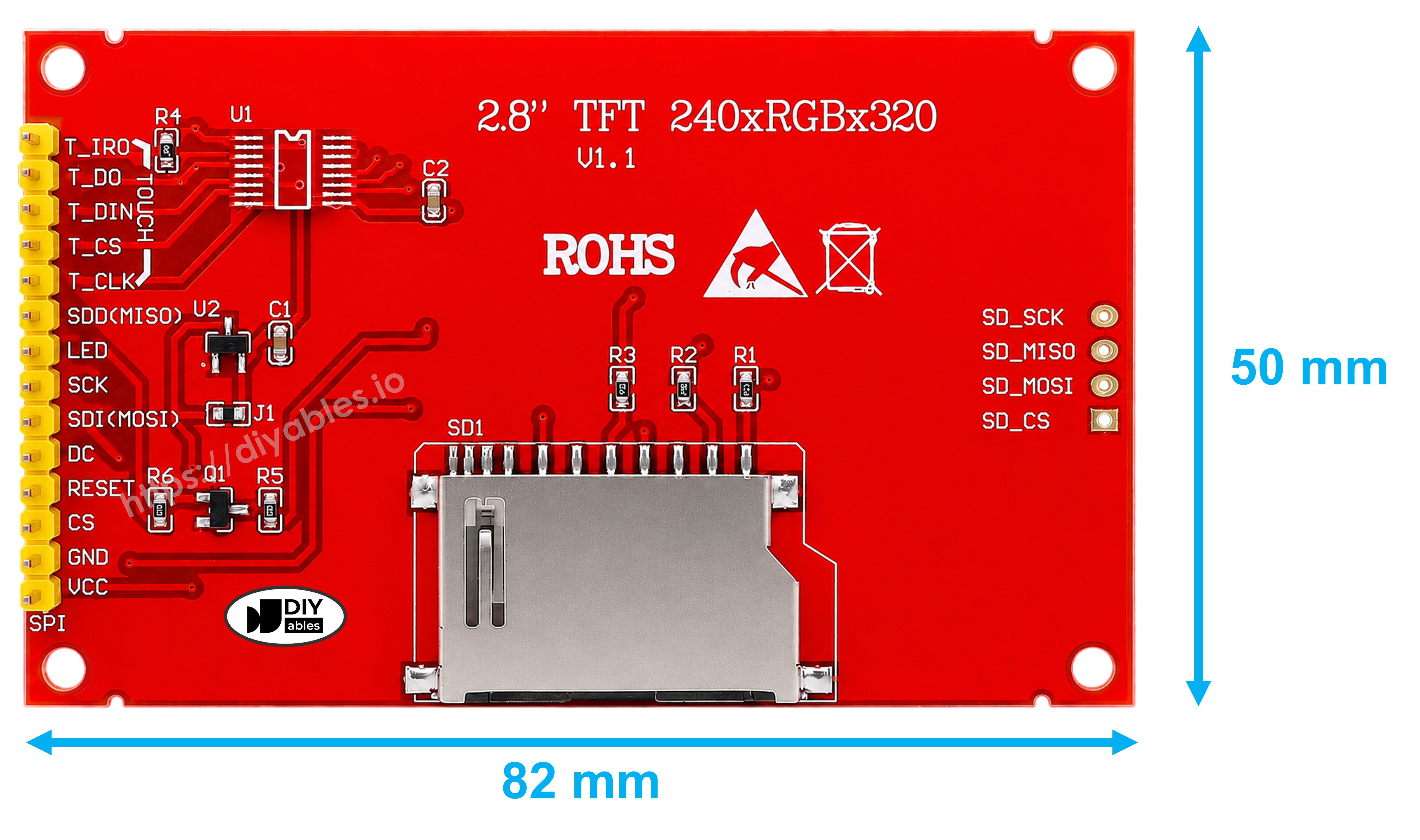 2.8 inch TFT LCD display module back view showing SPI and SD card pin labels with 82mm x 50mm board dimensions
