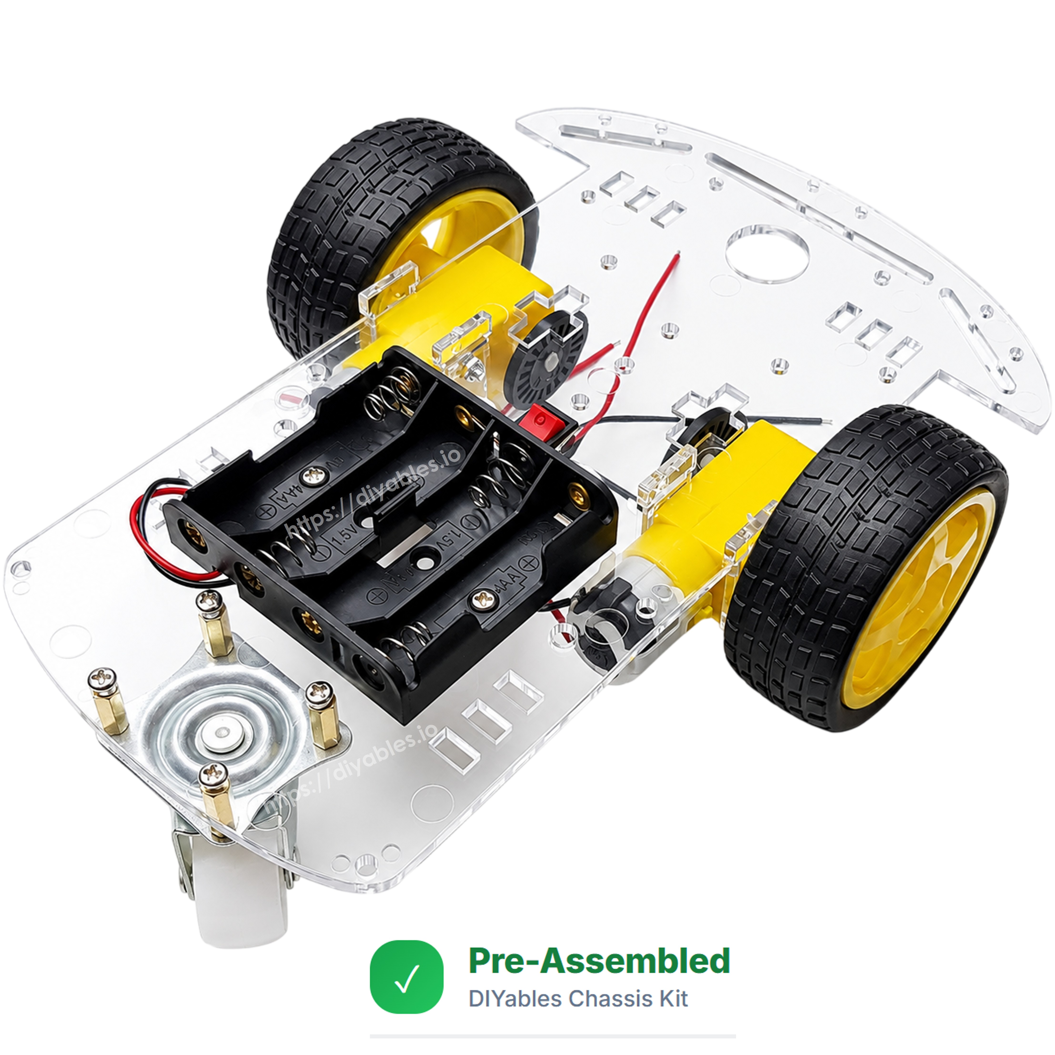 2WD robot car chassis bottom view showing dual gear motors and caster wheel