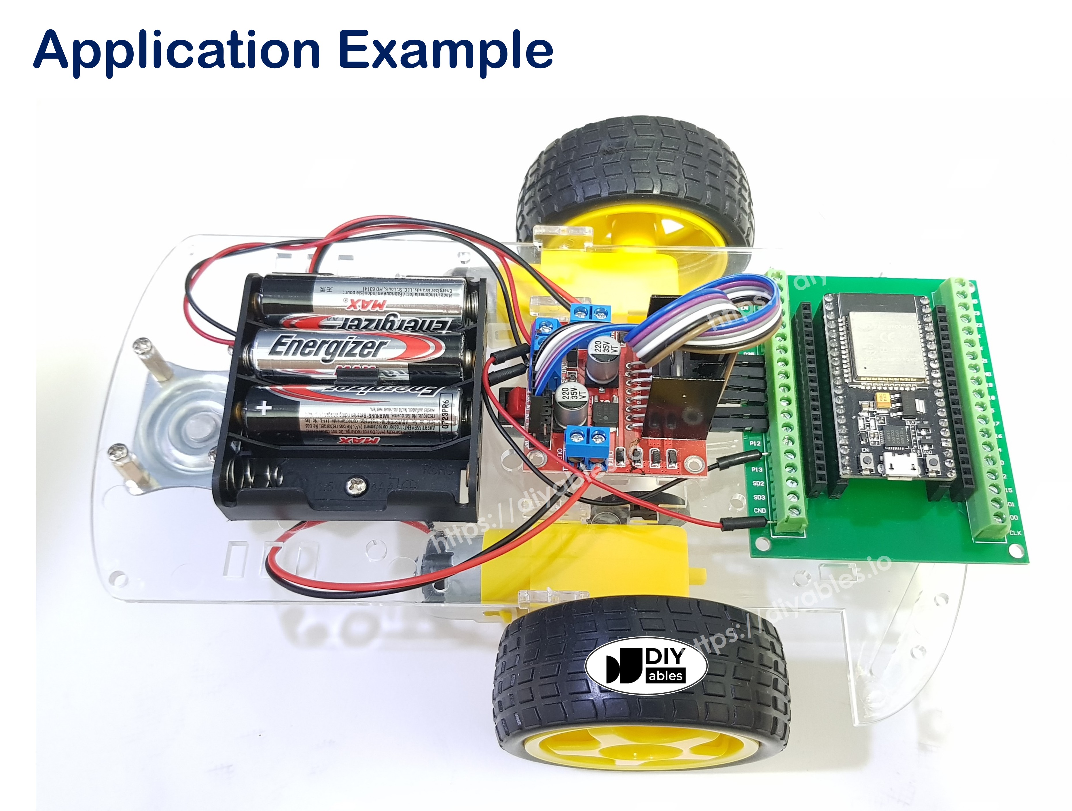 Assembled 2WD robot car with ESP32 board and motor driver wiring example