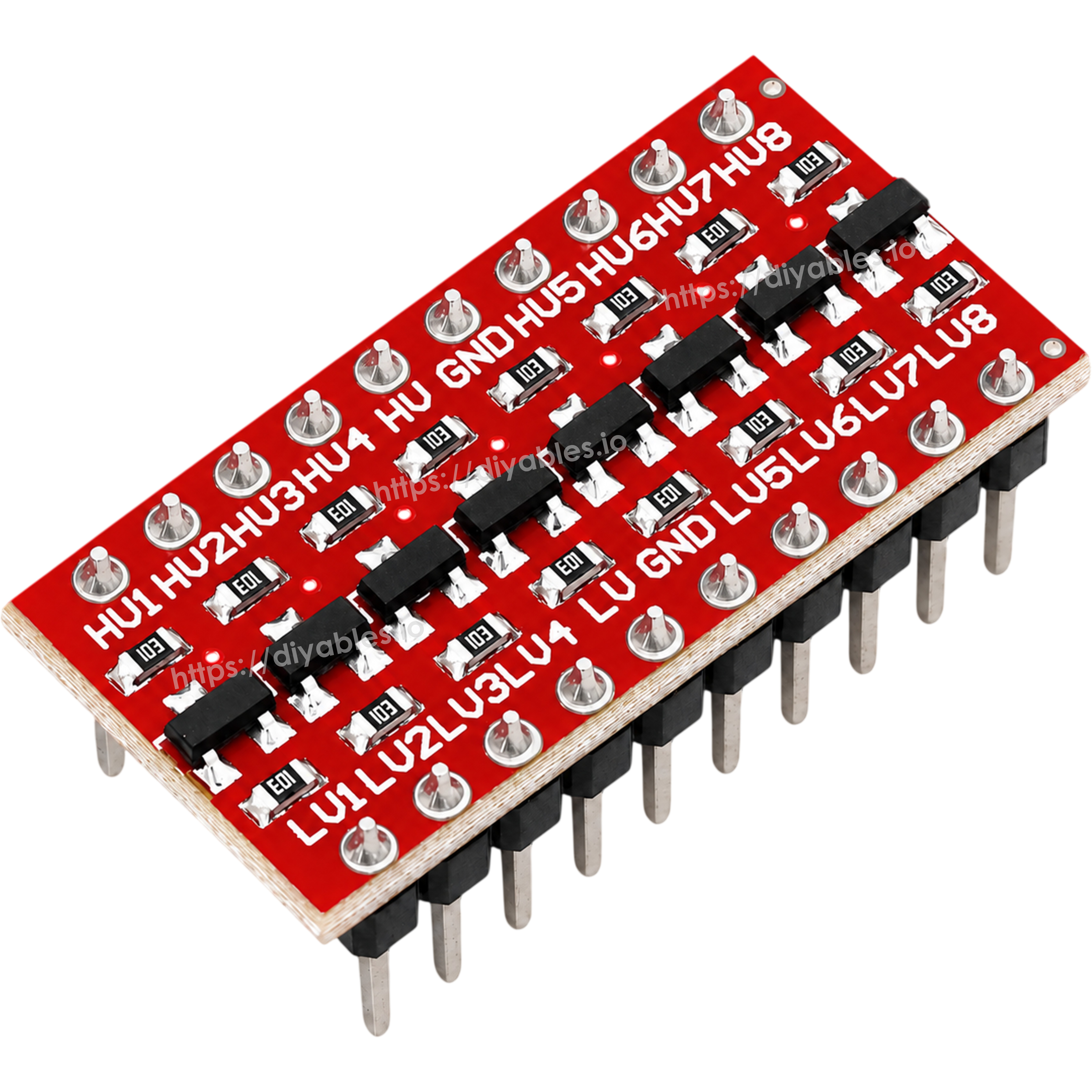 8 channel level shifter module angled view showing MOSFET channels and pin headers