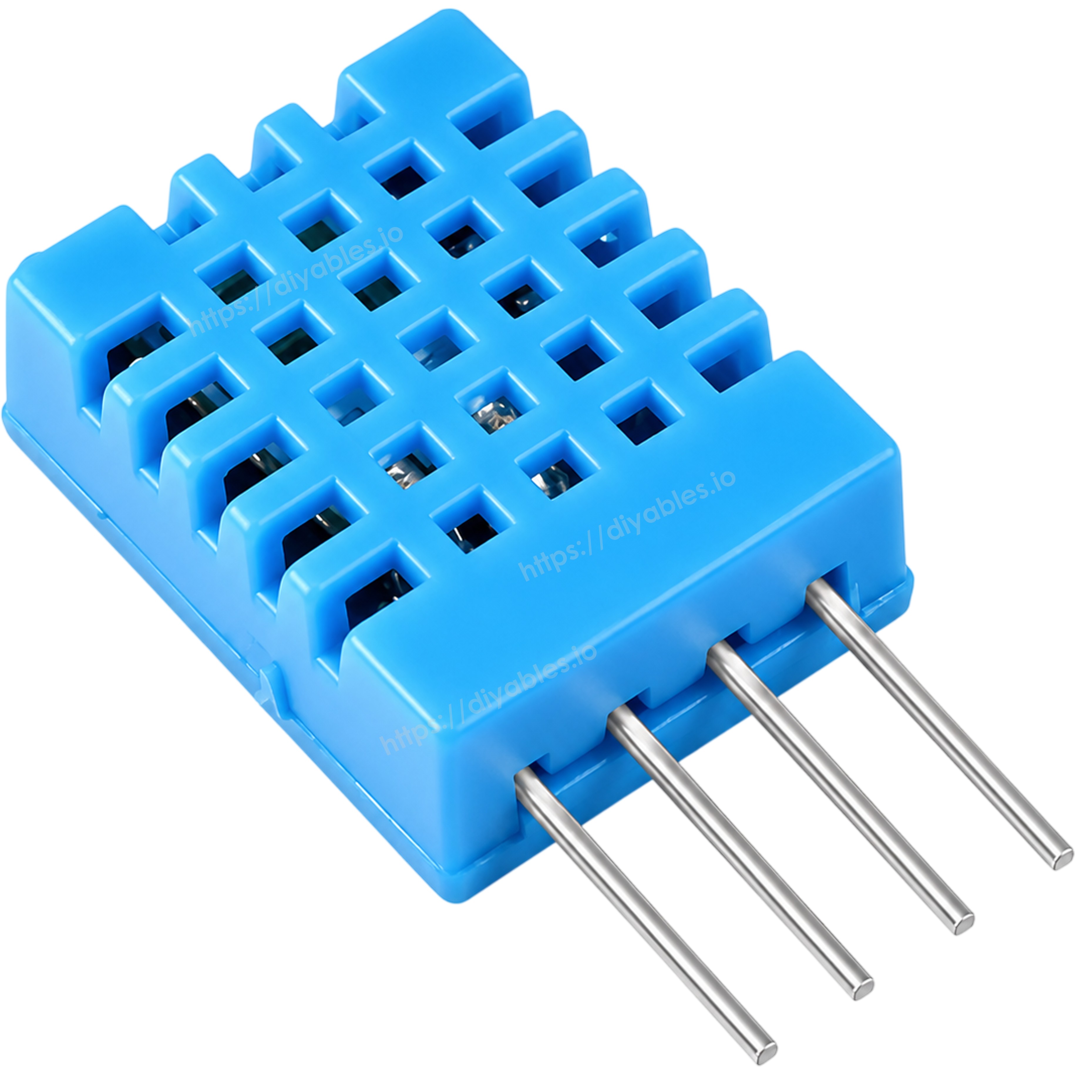 DHT11 sensor side view showing 4-pin header and sensing vents