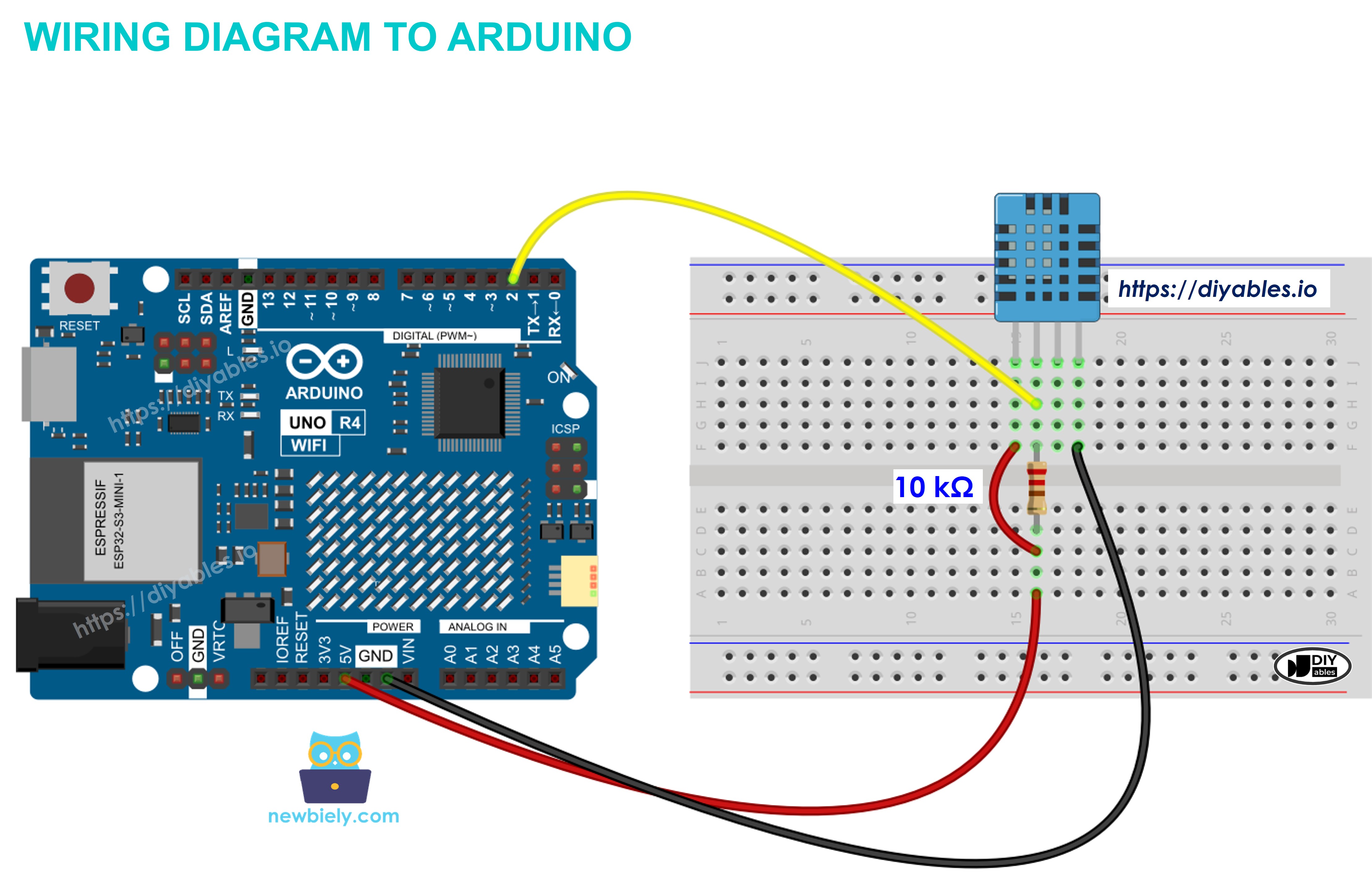 DHT11 sensor wiring diagram with pull-up resistor to Arduino board
