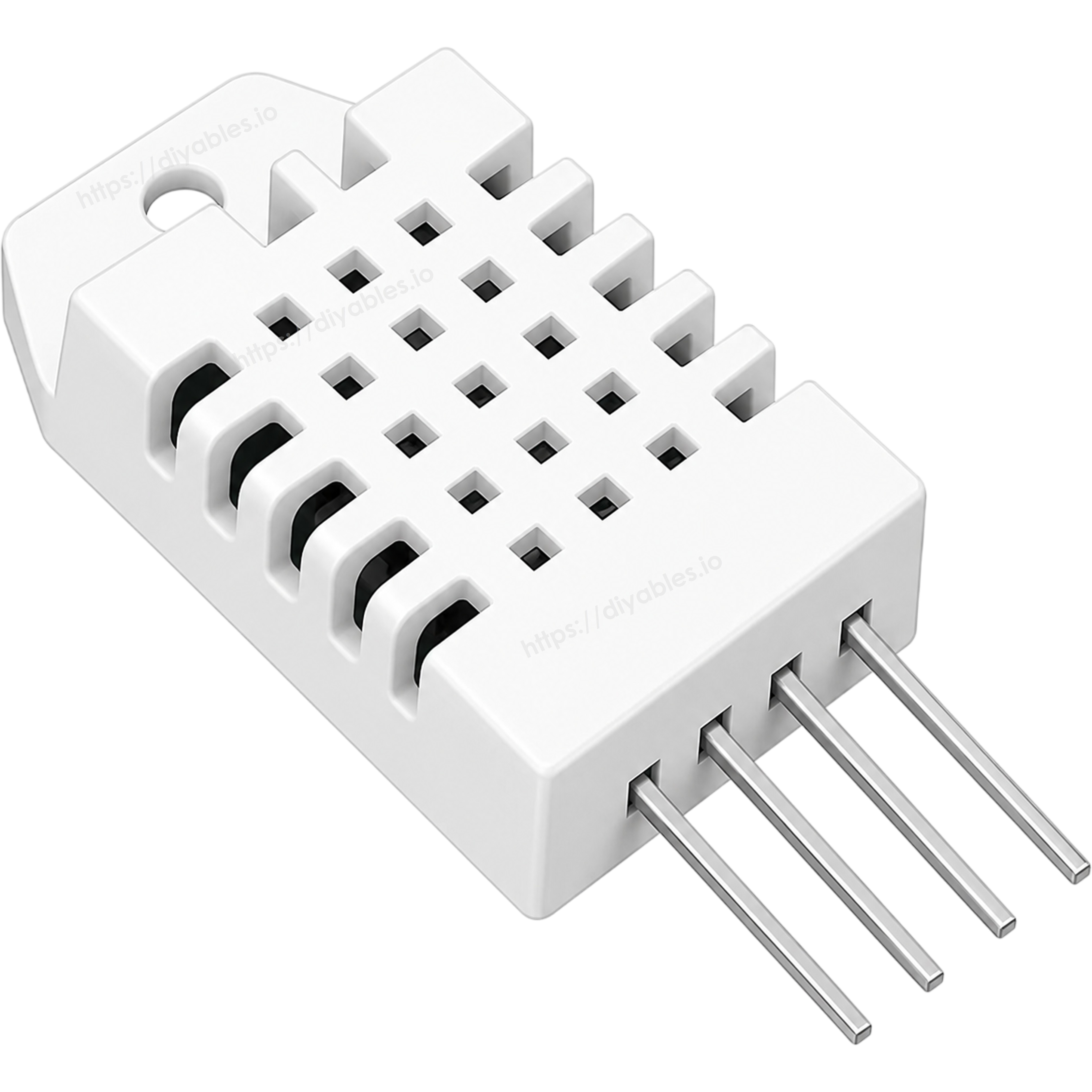 DHT22 AM2302 sensor angled view showing sensing element grille and pins