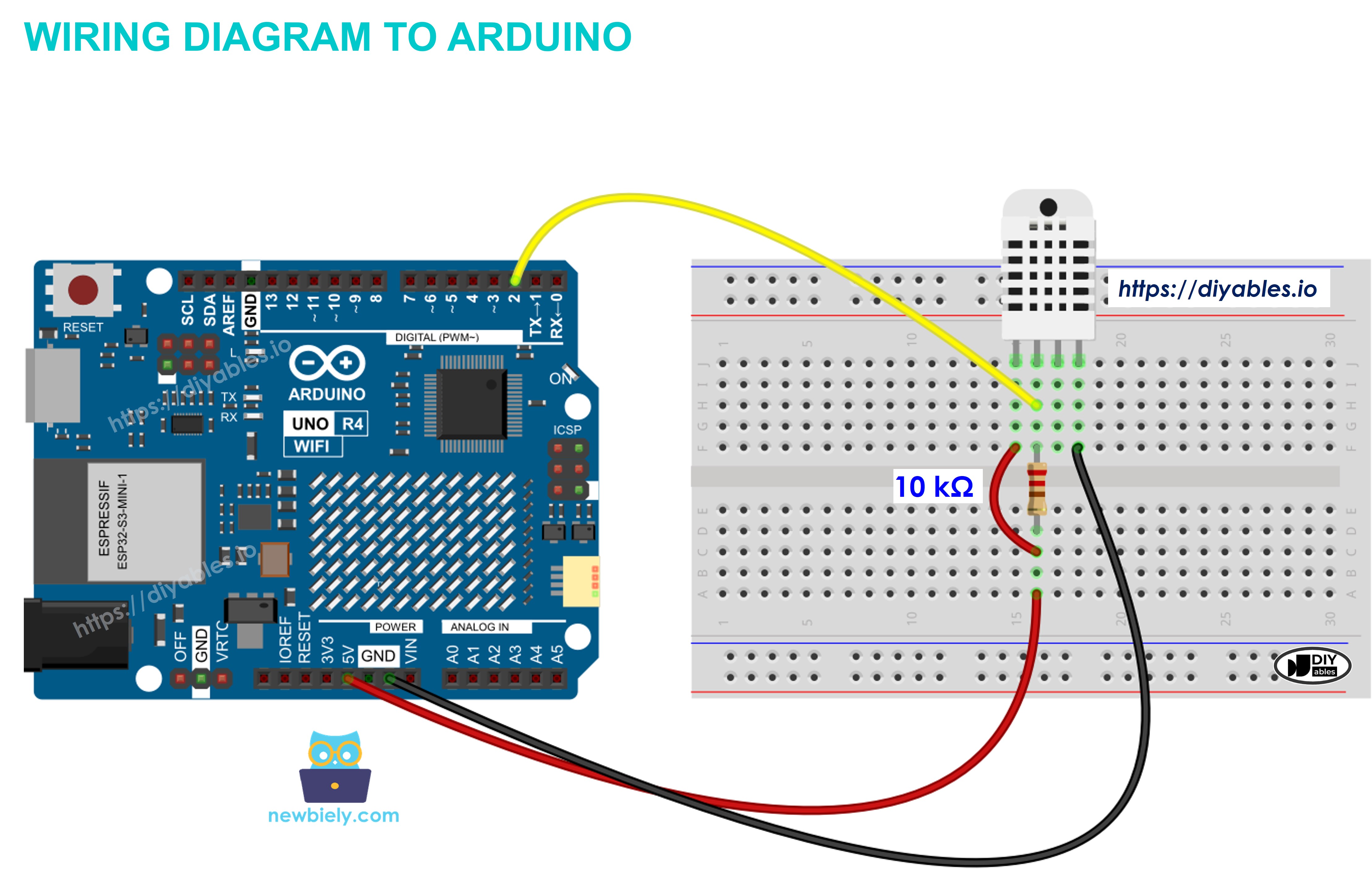 DHT22 AM2302 sensor wiring diagram with pull-up resistor to Arduino board