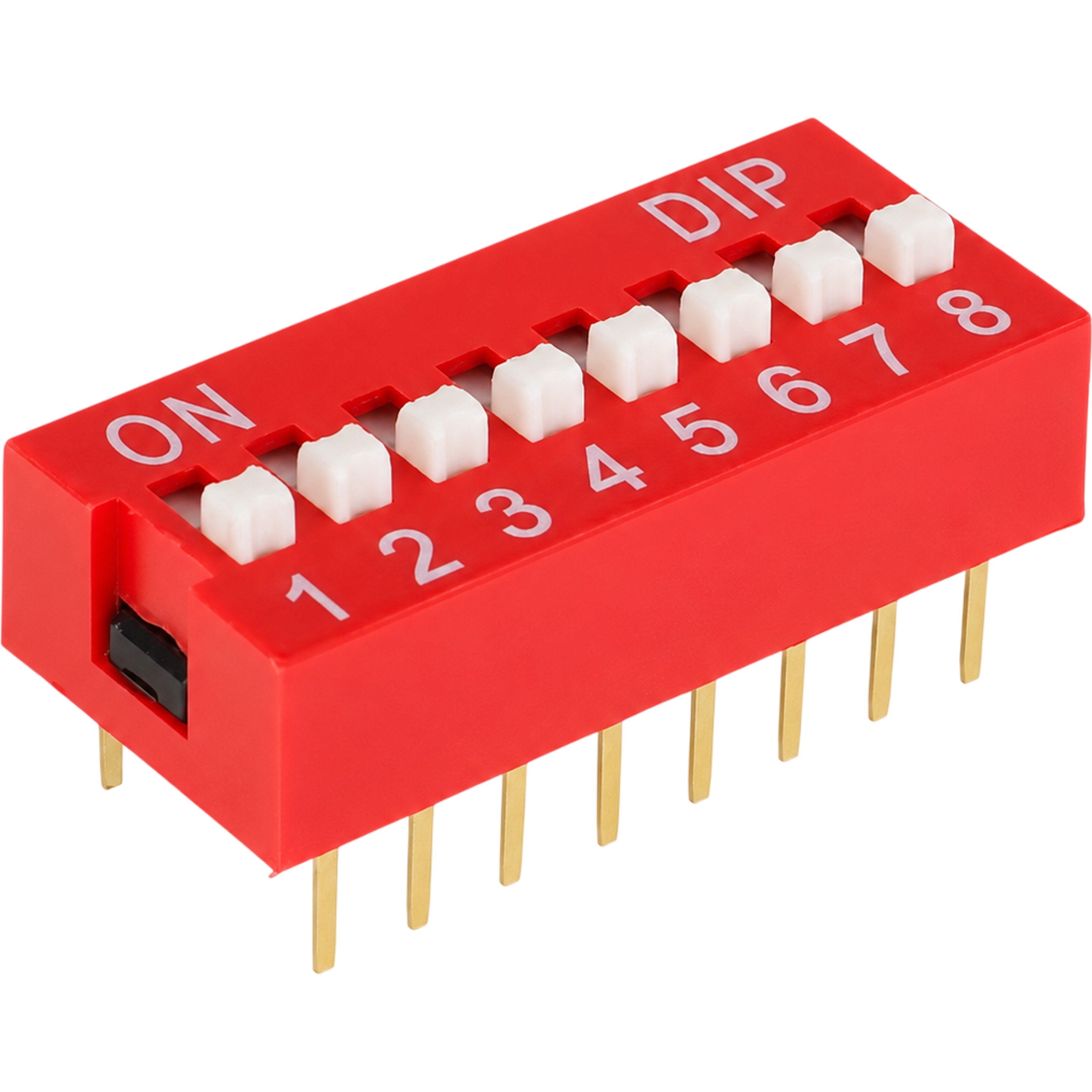 8-position red DIP switch with numbered ON positions and through-hole pins