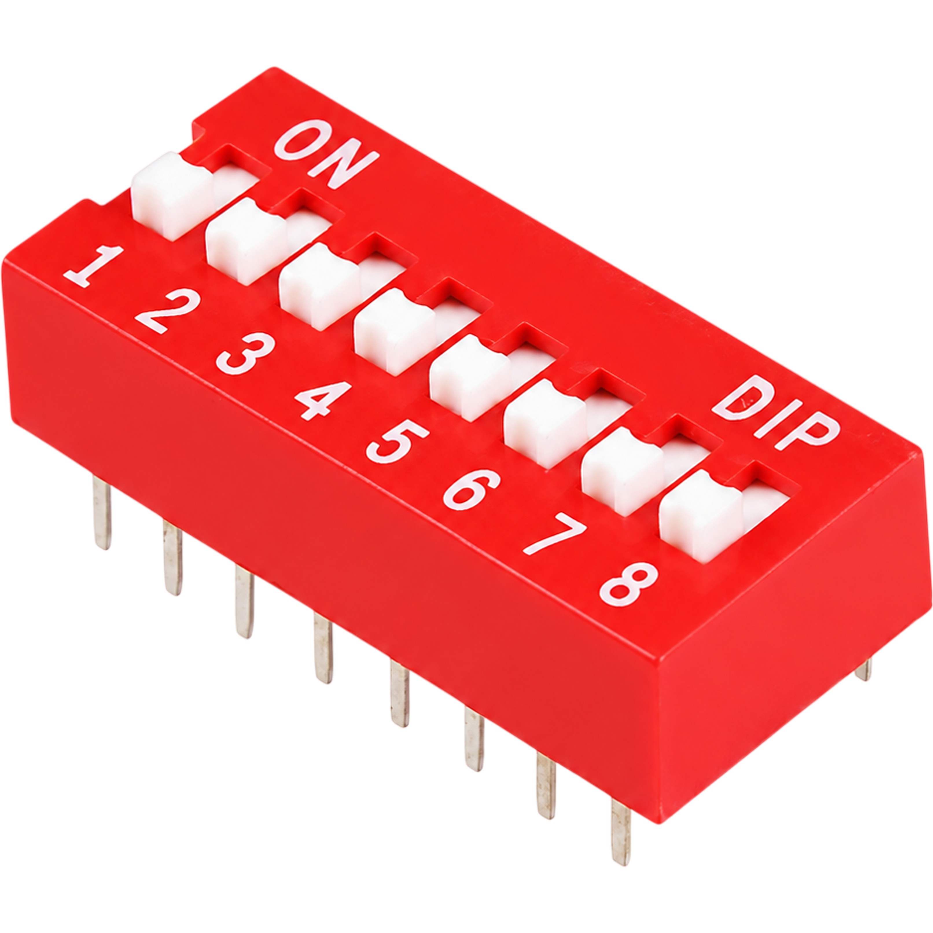 8-position DIP switch top view showing individual ON OFF slide switches