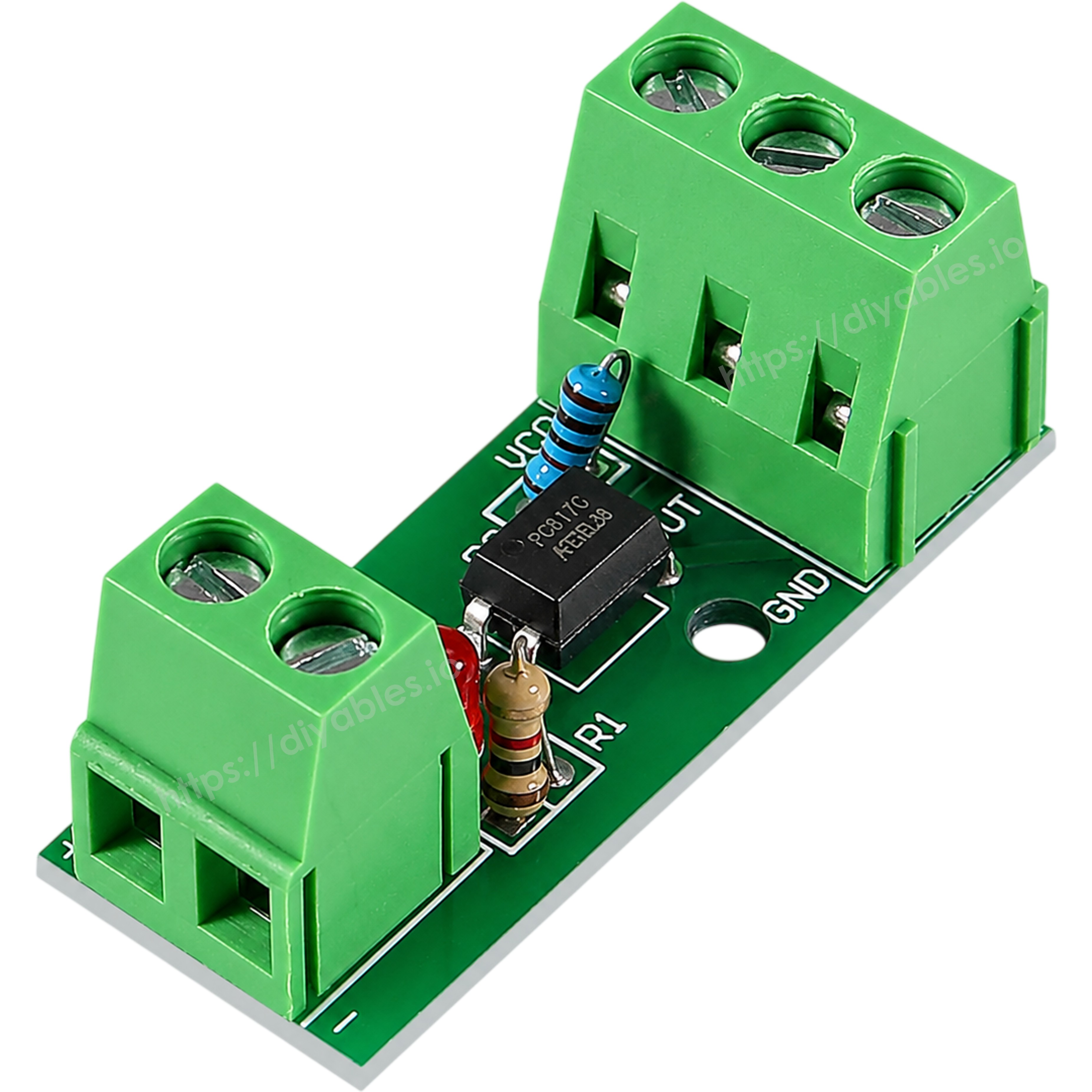 EL817 PC817 optocoupler module angled view showing VCC R1 R2 resistors and IC