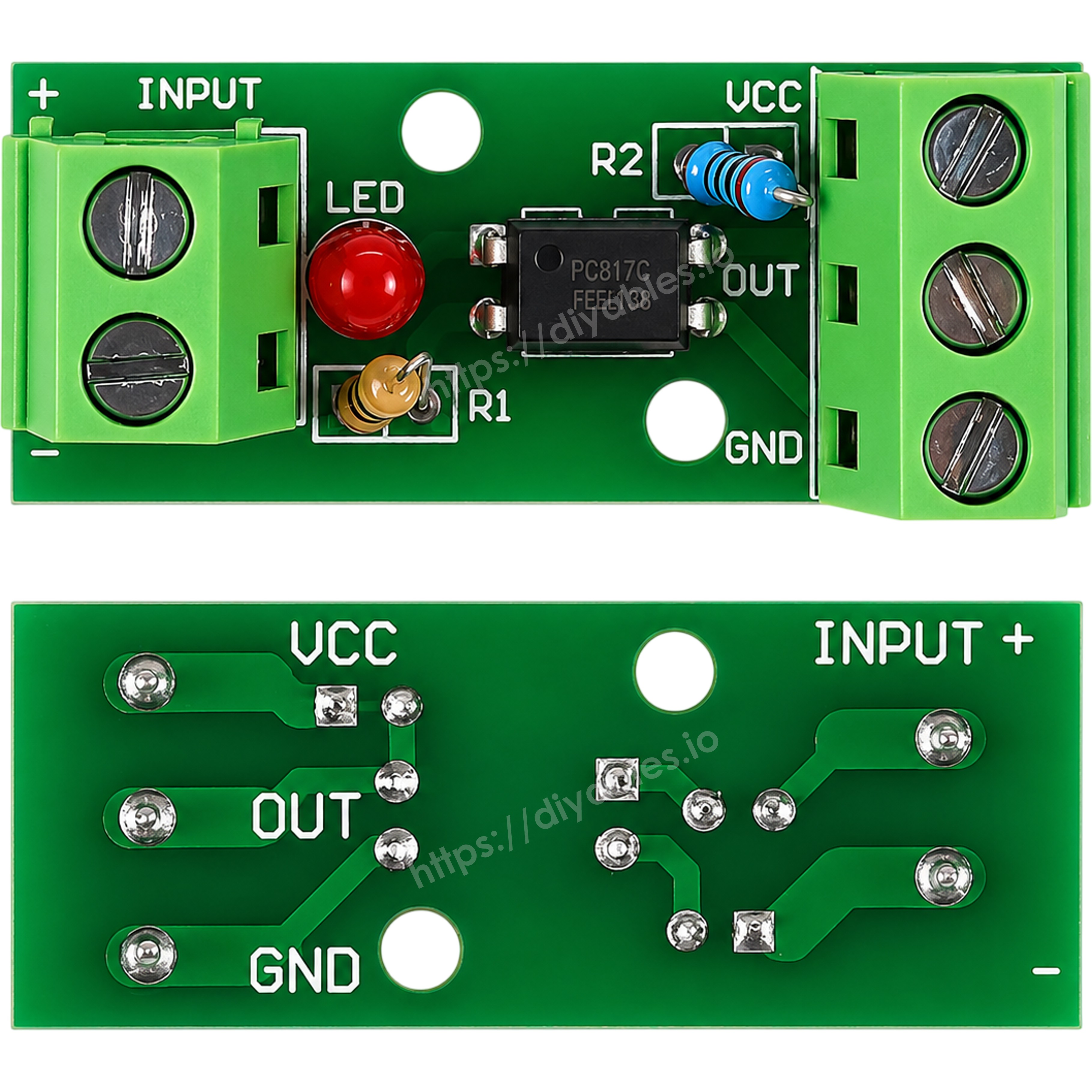 EL817 PC817 optocoupler module top and bottom view showing INPUT VCC OUT GND pin labels