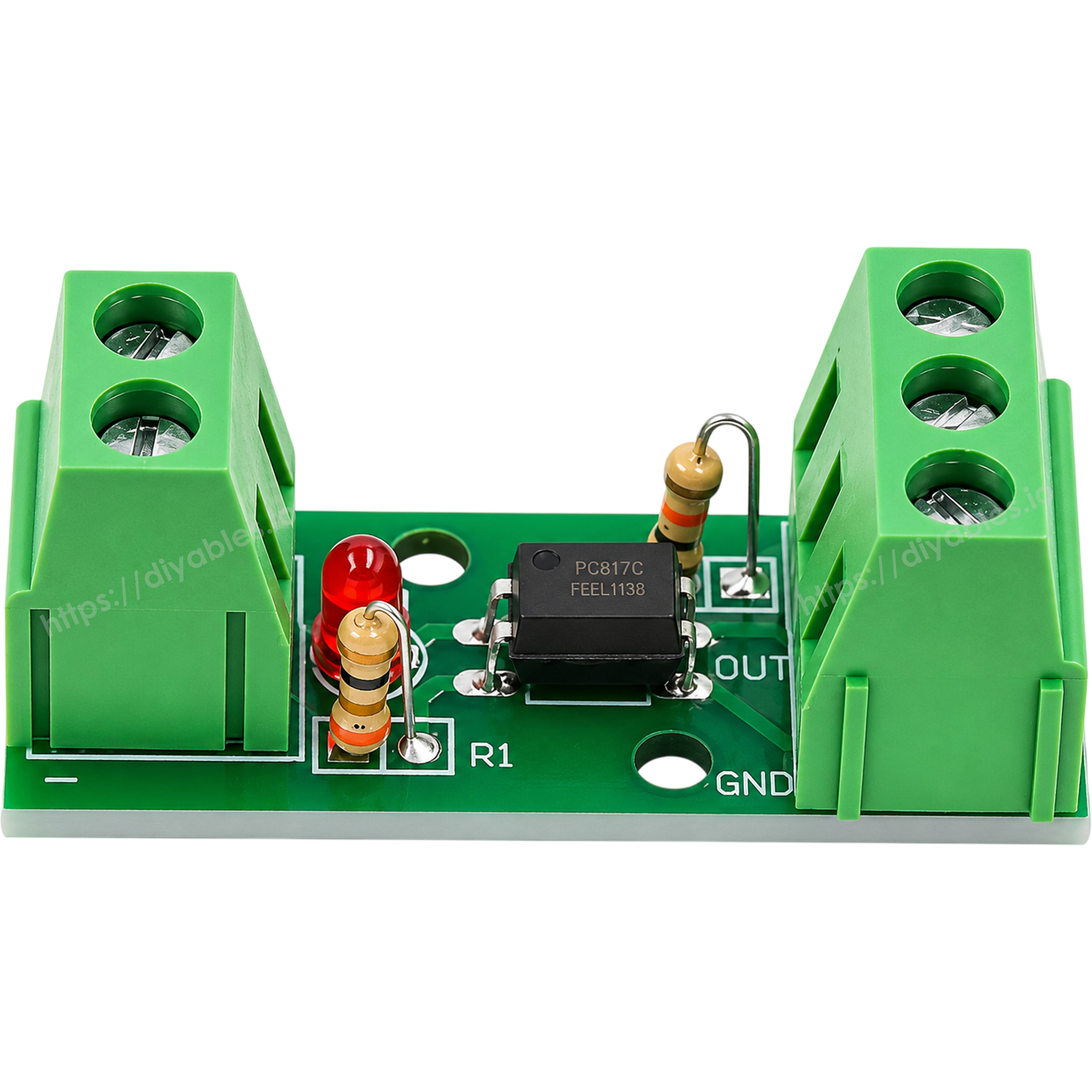 EL817 PC817 optocoupler module flat top view with INPUT LED OUT GND terminal labels