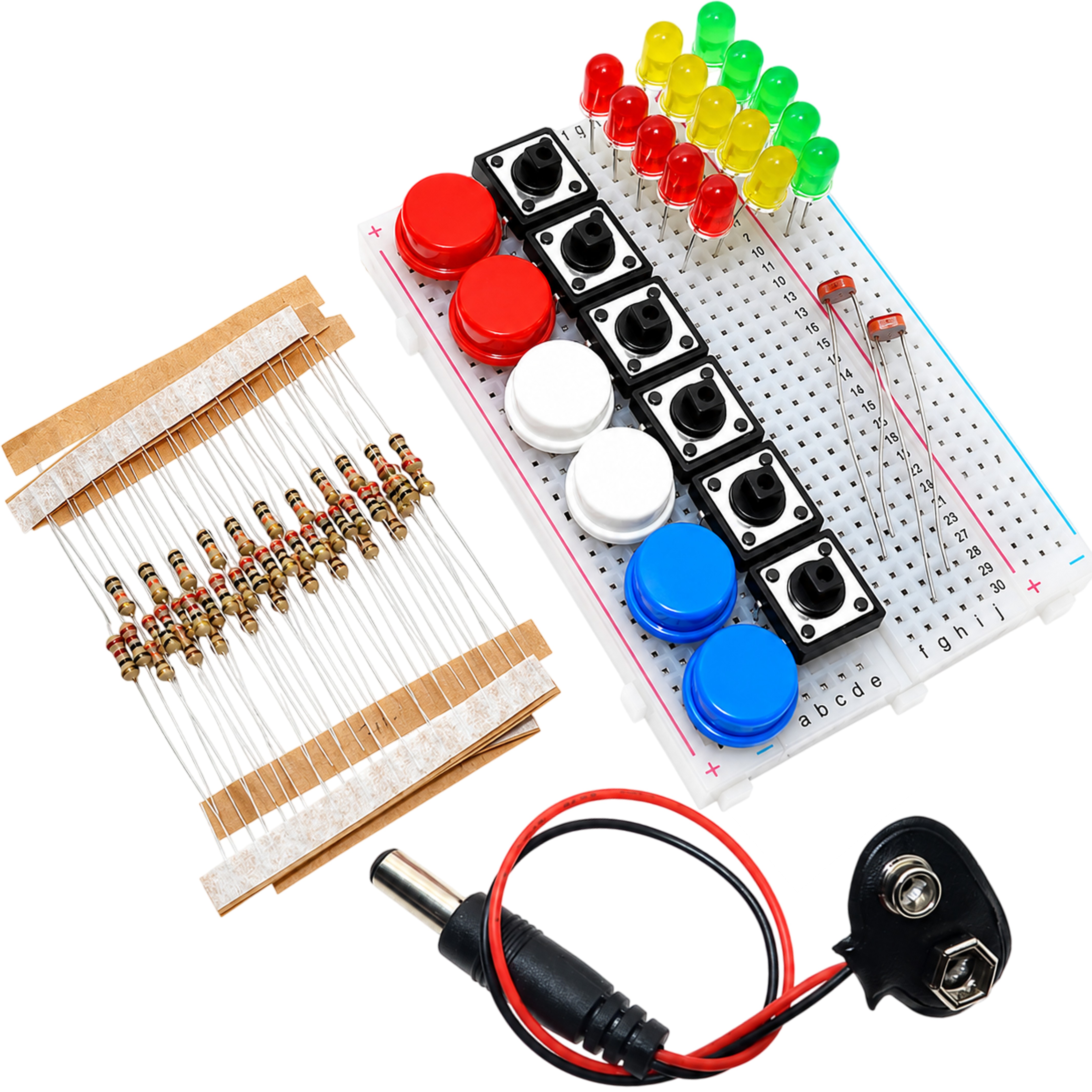 400 hole breadboard populated with push buttons LEDs resistors and photoresistors from the starter kit