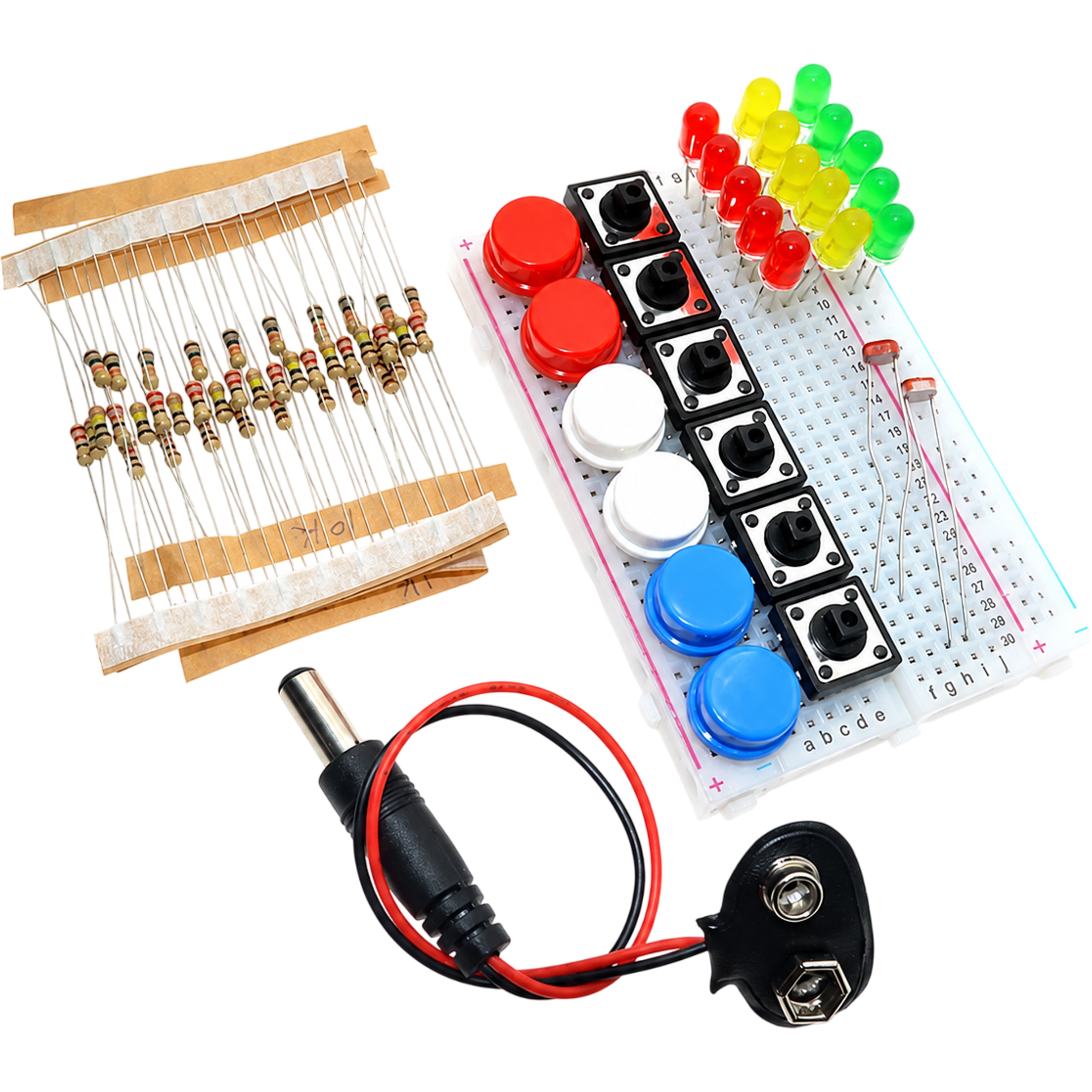 Breadboard component layout showing resistor bundles photoresistors and 9V battery connector cable