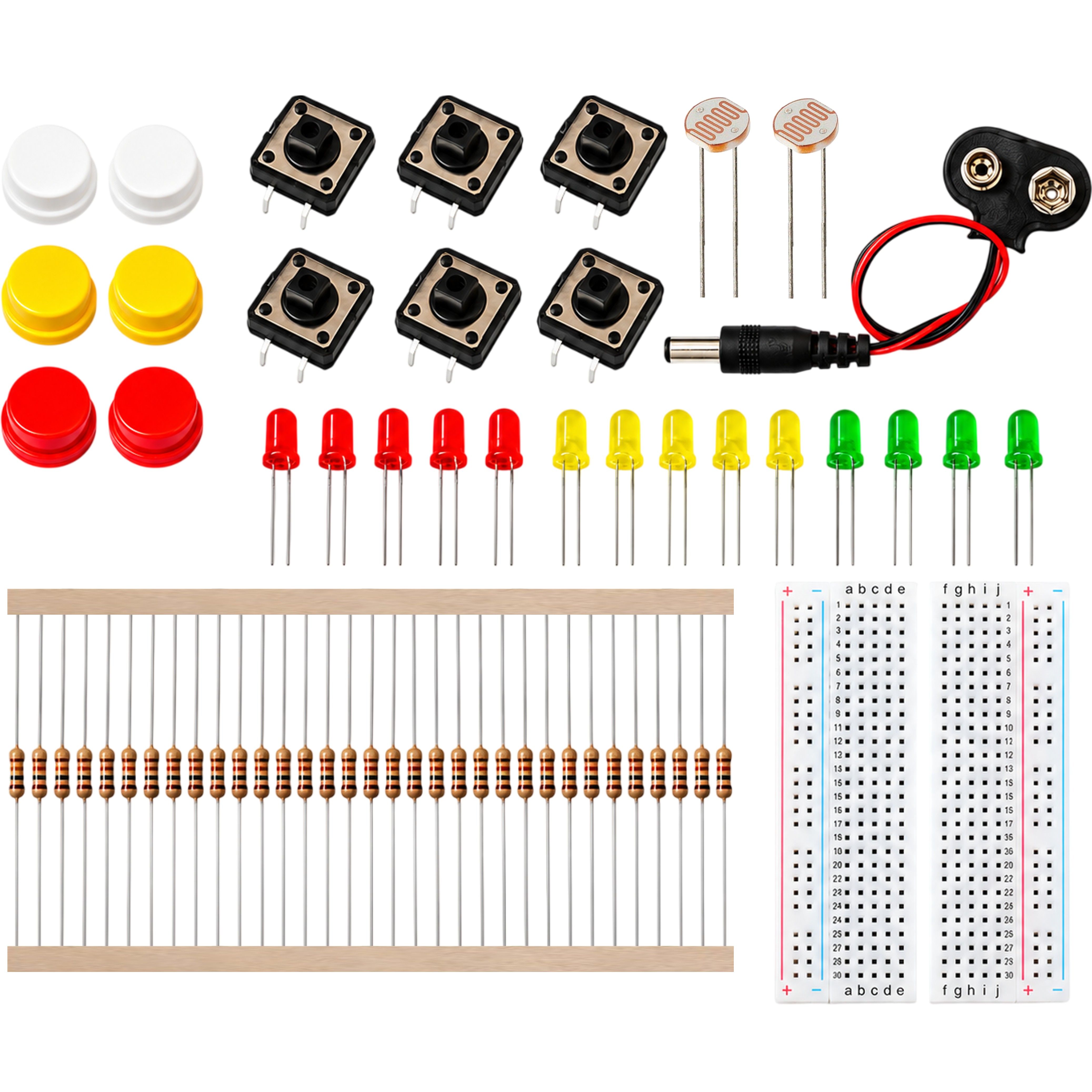 Flat lay of all 65 electronics starter kit components including LEDs resistors buttons and photoresistors