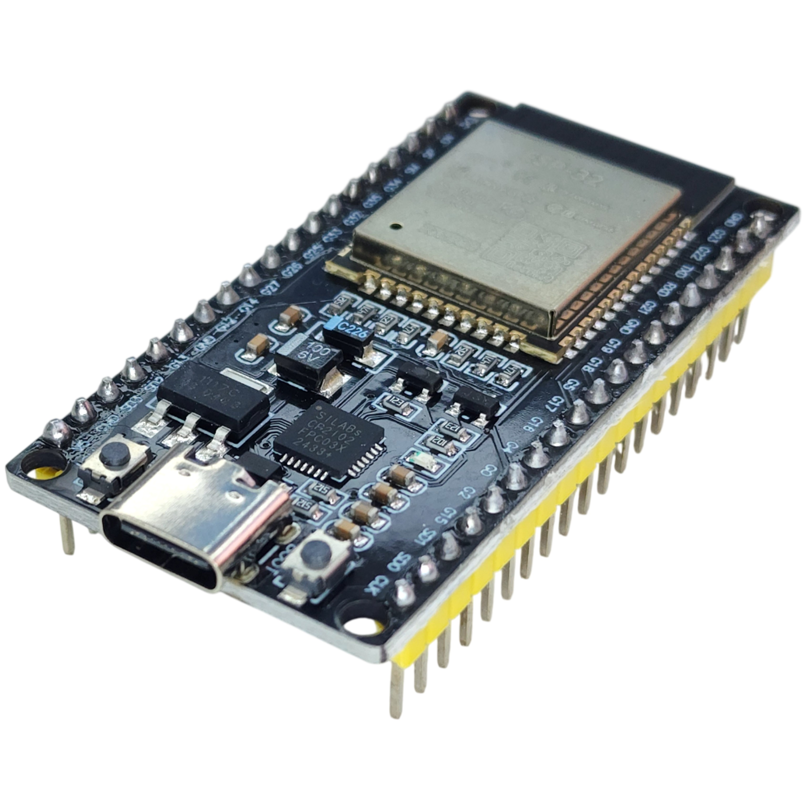ESP32 38-pin wide board top view showing ESP-WROOM-32 module USB Type-C port and full GPIO layout