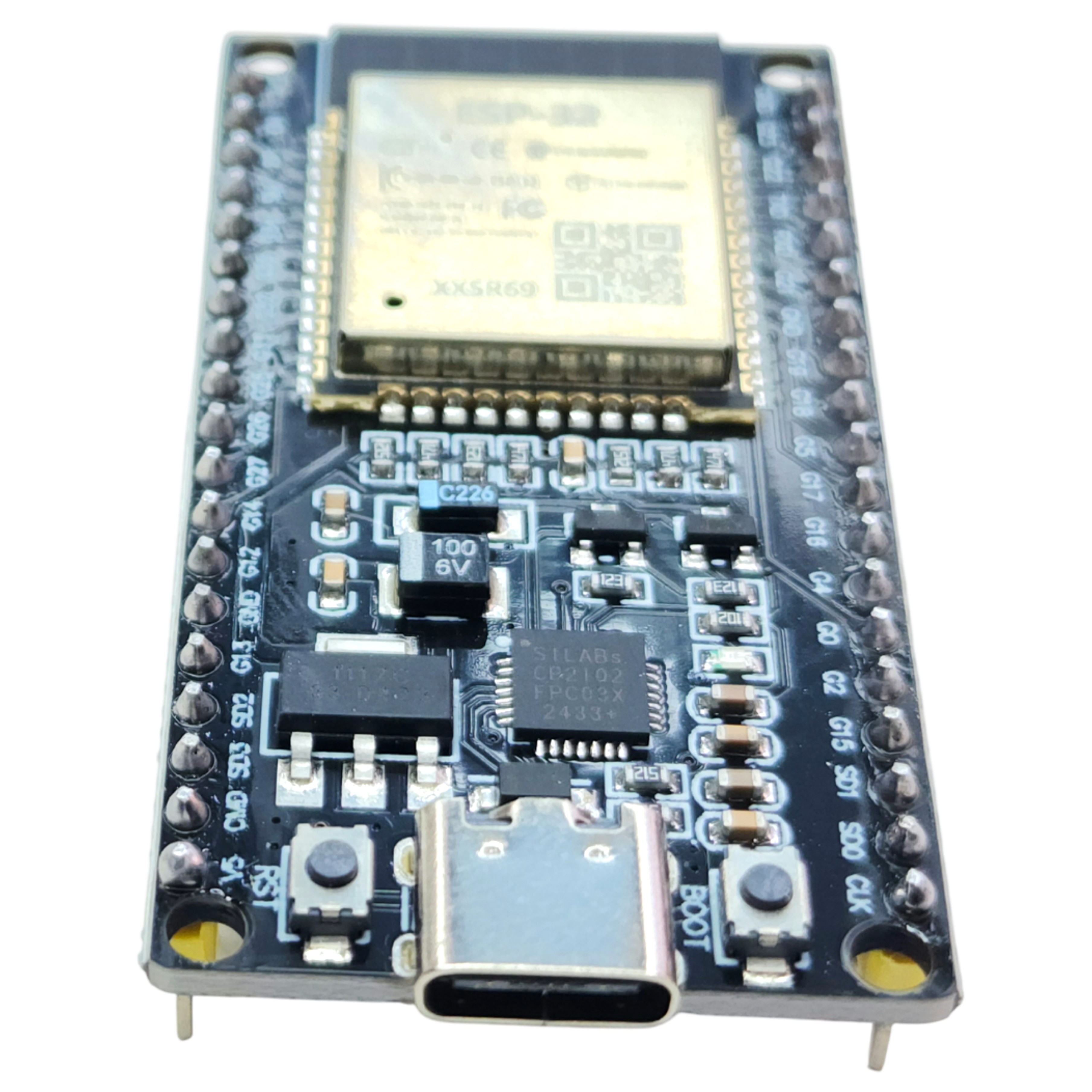 ESP32 wide board bottom view showing CP2102 chip and PCB details for IoT prototyping