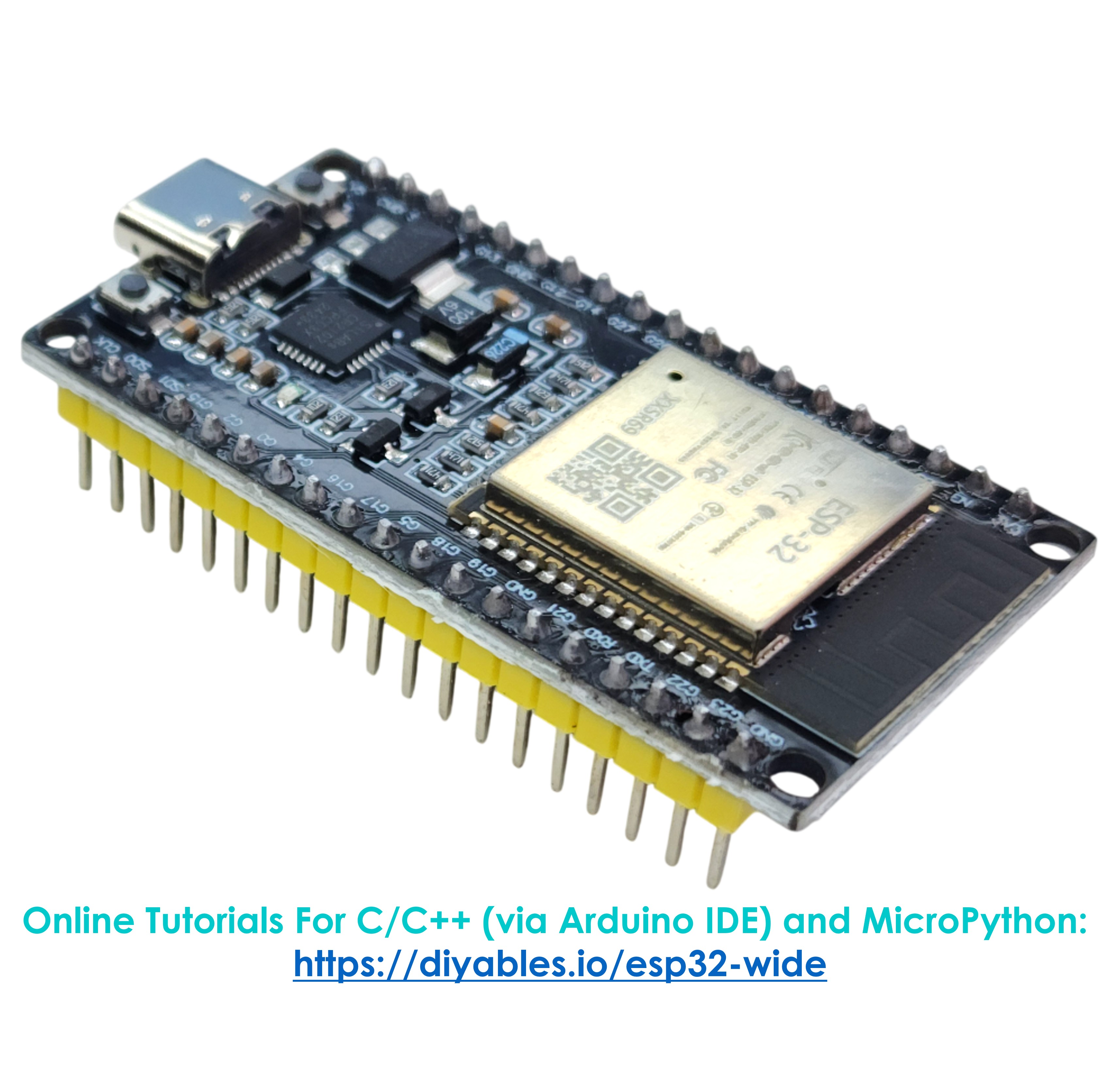 ESP32 38-pin wide board connected to sensors and breadboard for Arduino IDE IoT project