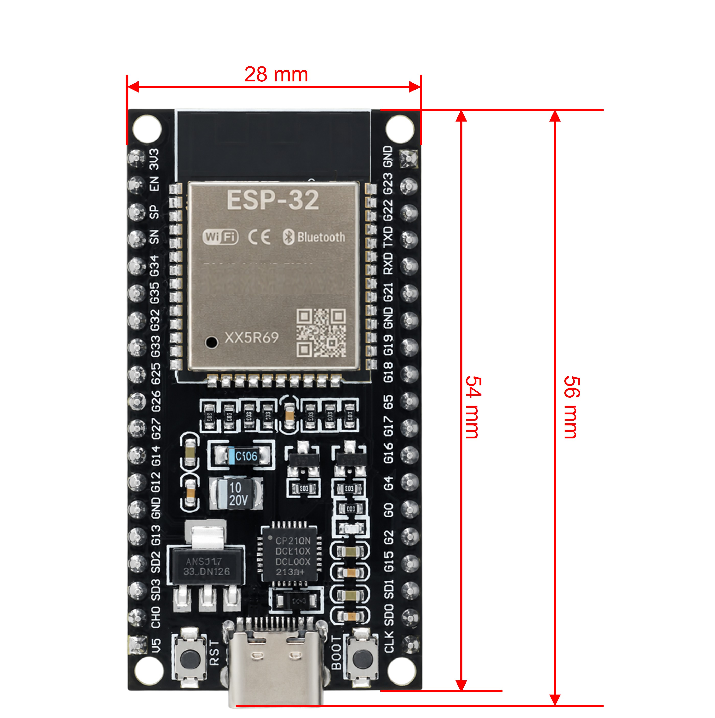 ESP32 38-pin wide board connected to sensors and breadboard for Arduino IDE IoT project