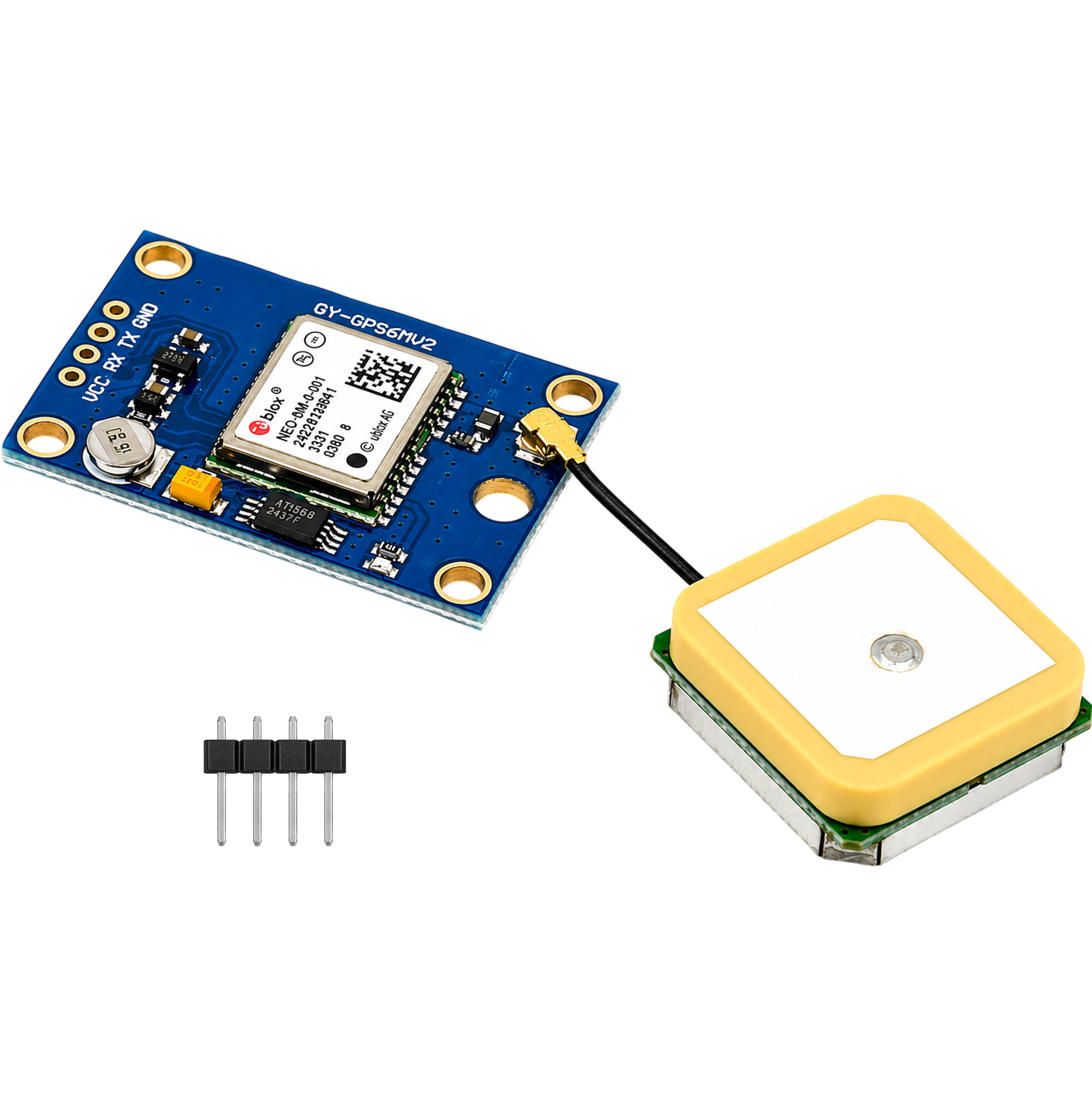 GPS receiver module NEO-6M showing ceramic antenna and SMA connector for external antenna